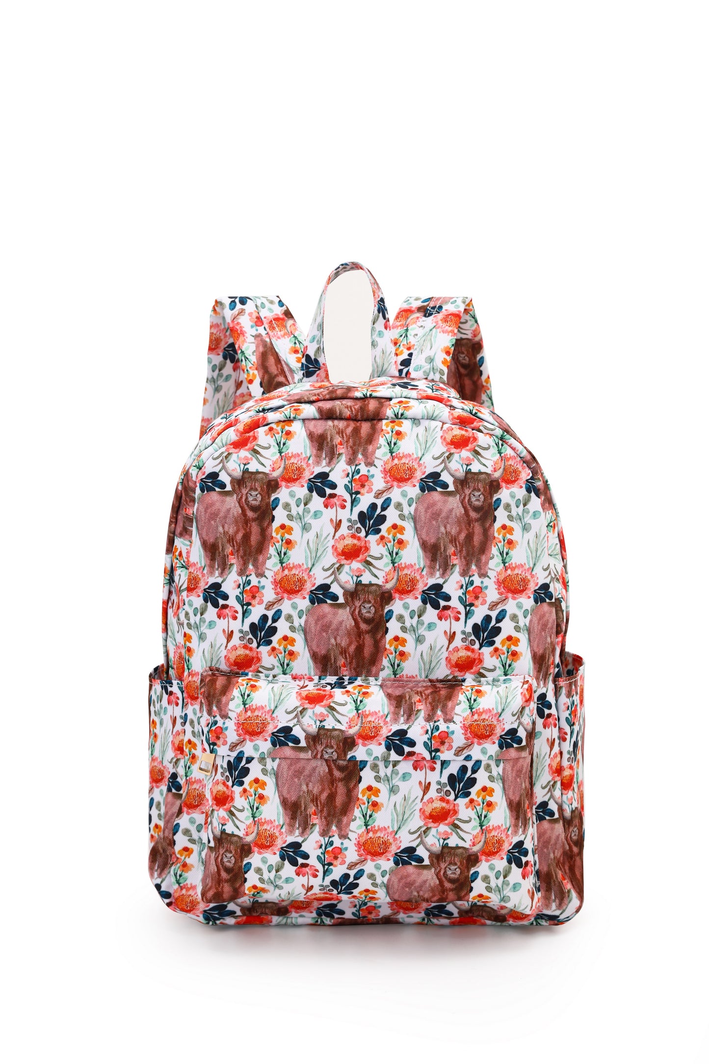 Orange Floral Highland Cow Western Girls Backpack