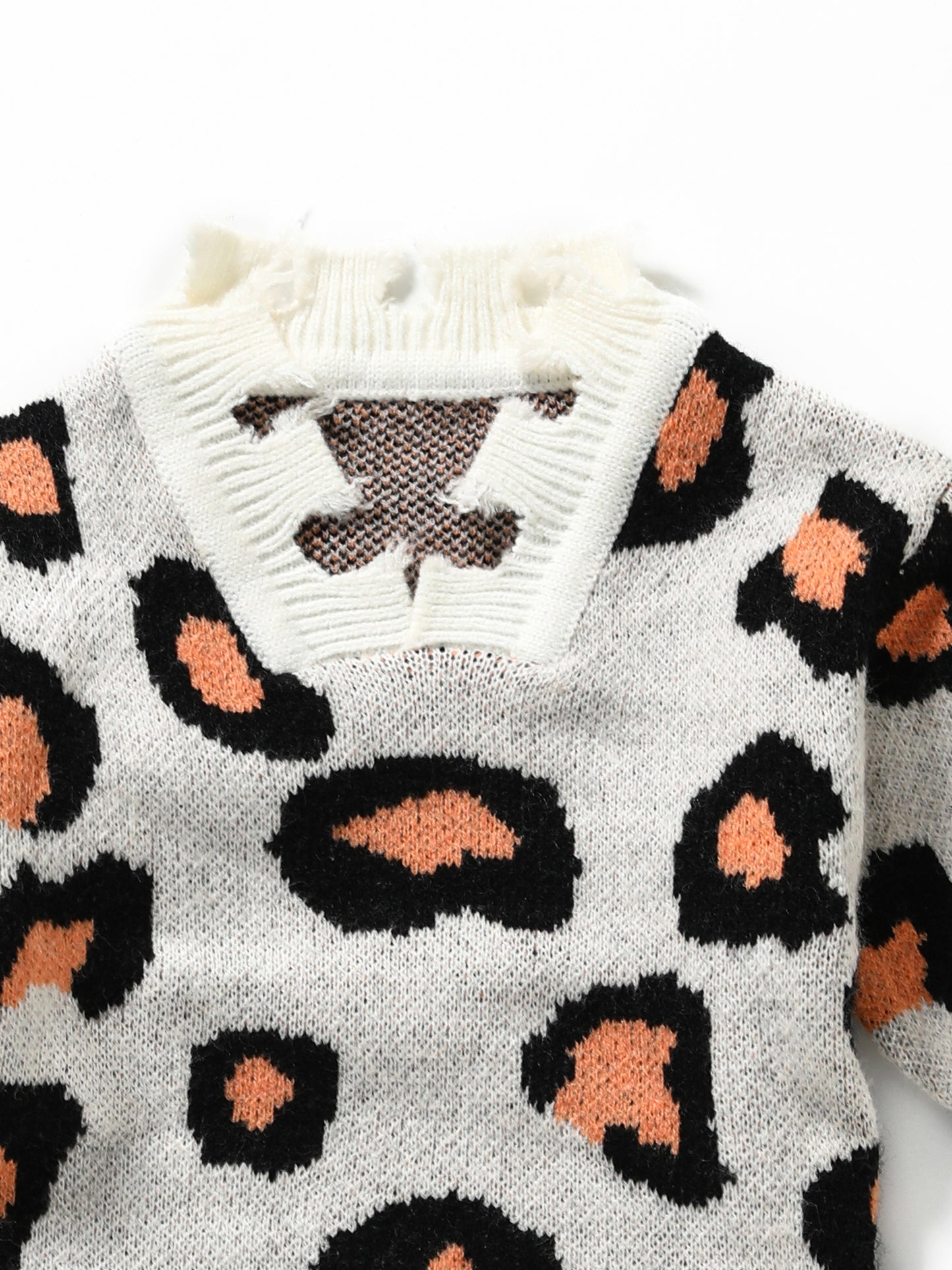 Girls Beige Distressed Hem Cheetah Sweater