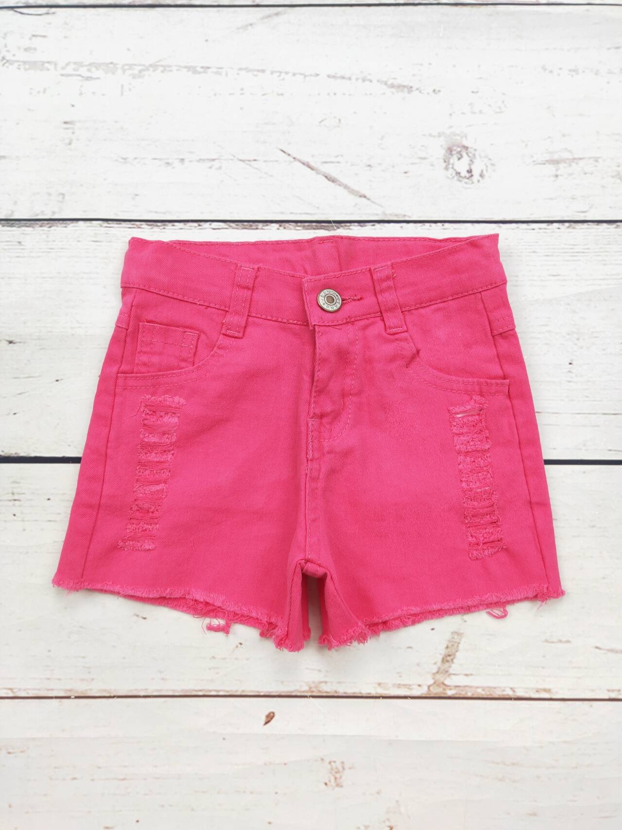 Girls Hot Pink Distressed Denim Shorts