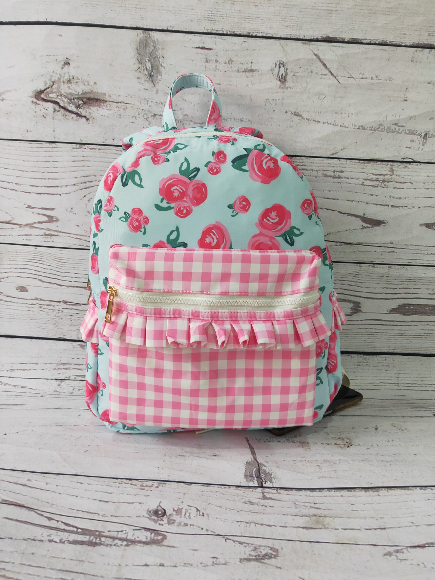 Pink Checkered Ruffle Flower Printed Backpack