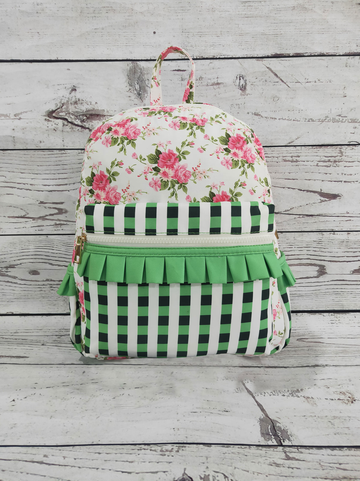 Green Checkered Ruffle Flower Printed Backpack