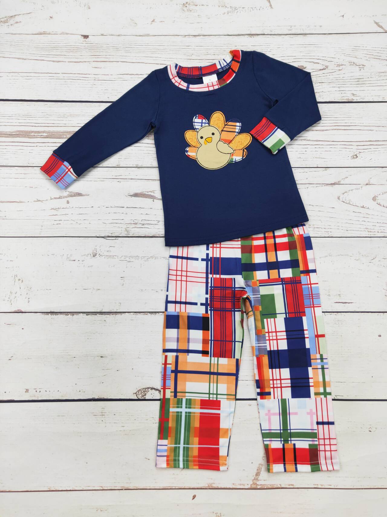 Boys Turkey Appliqué Checkered Pants Set