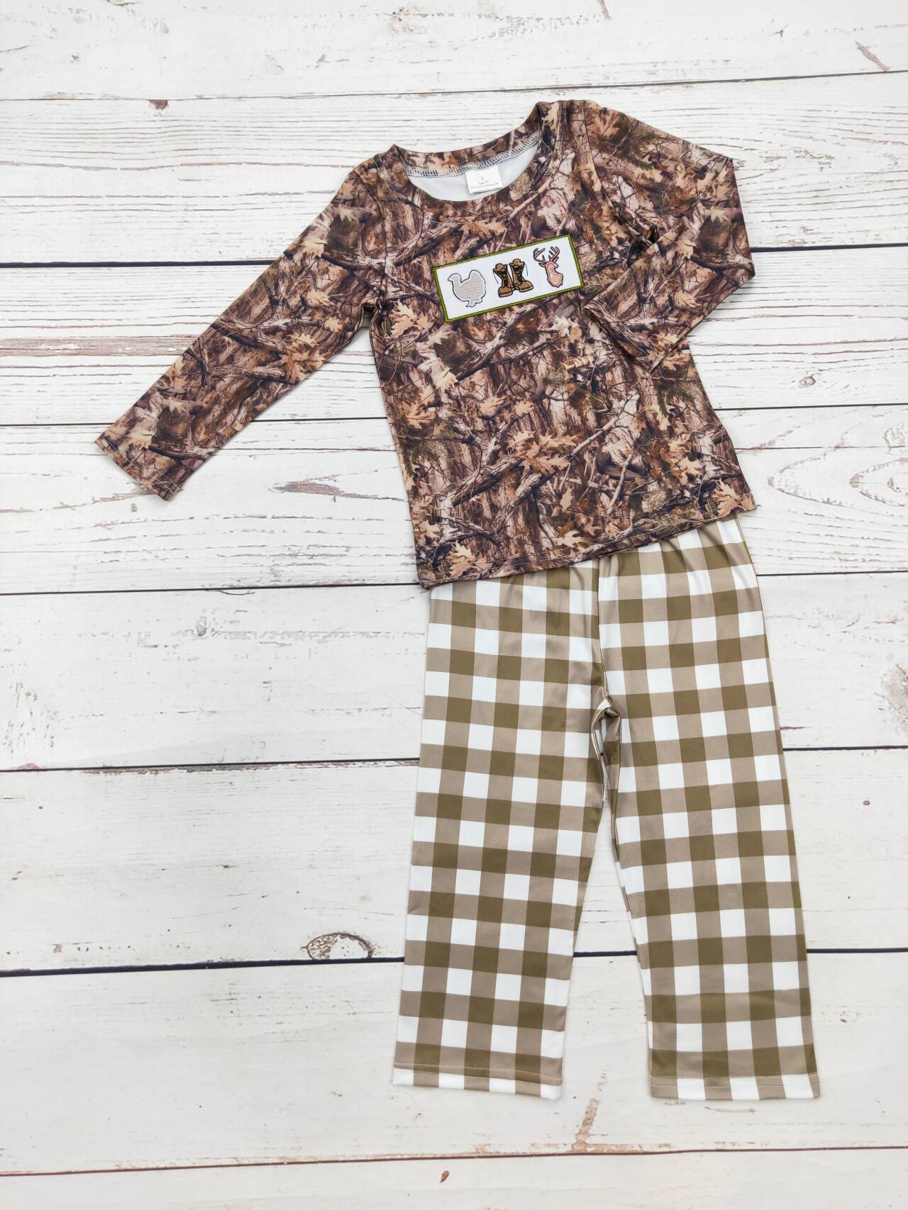 Boys Camouflage Appliqué Checkered Pants Set