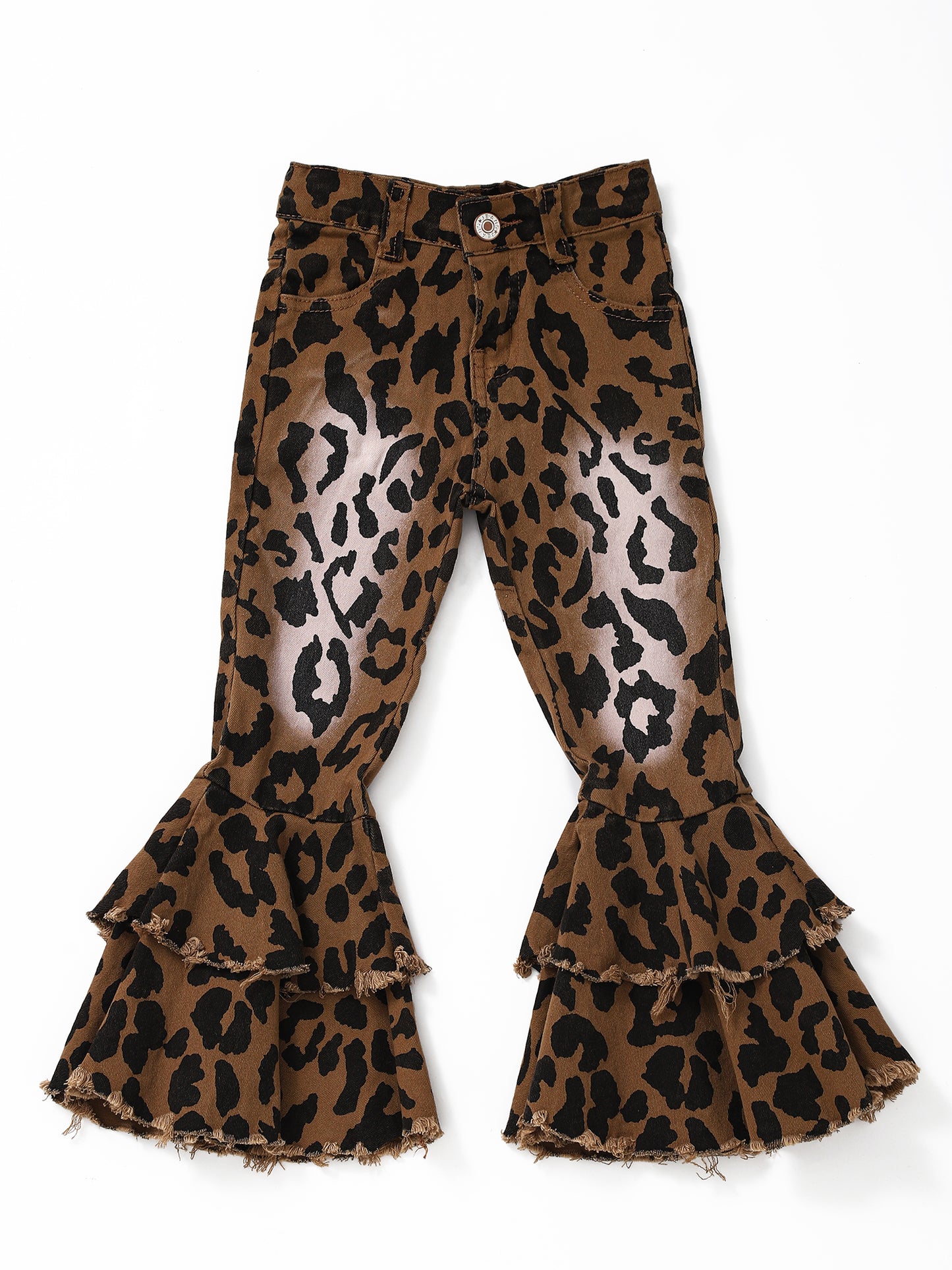 Washed Leopard Double Layer Girls Jeans