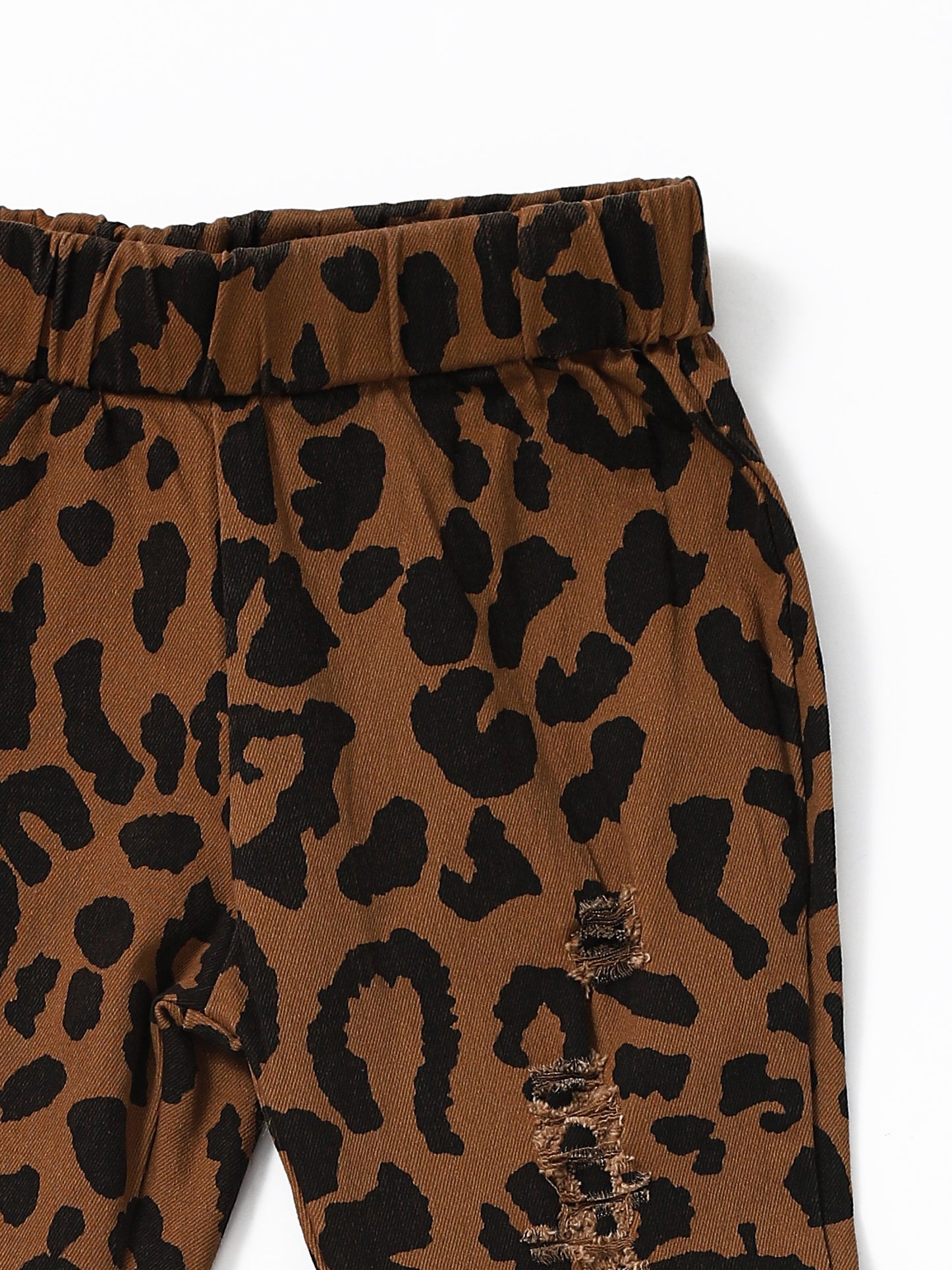 Elastic Waist Distressed Leopard Girls Jeans