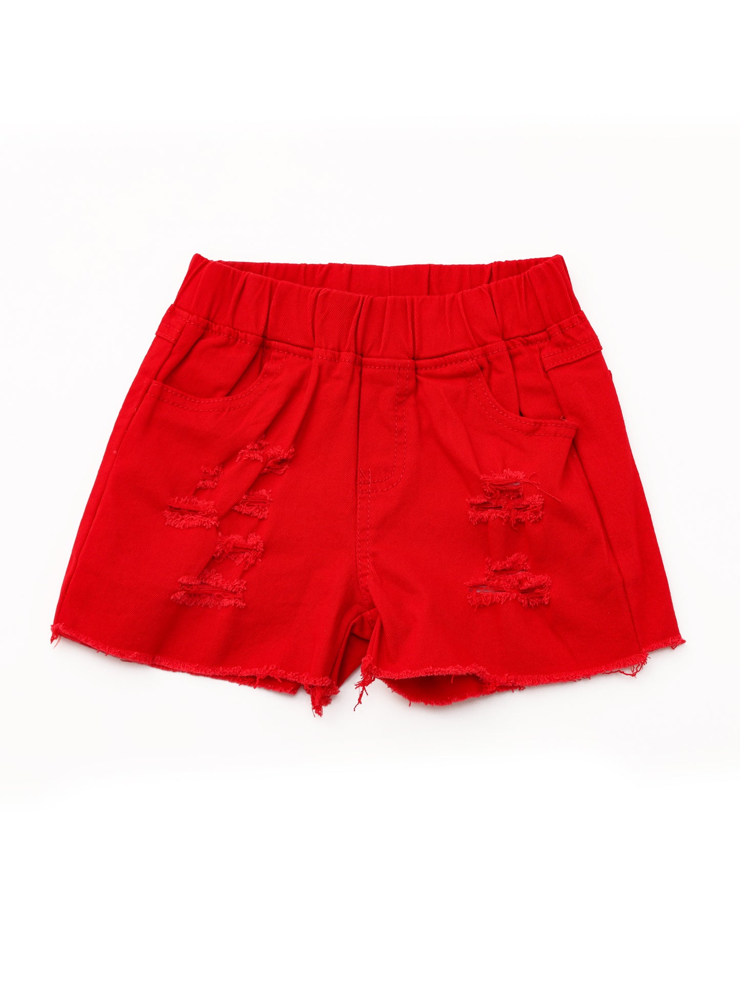 Girls Distressed Red Denim Shorts