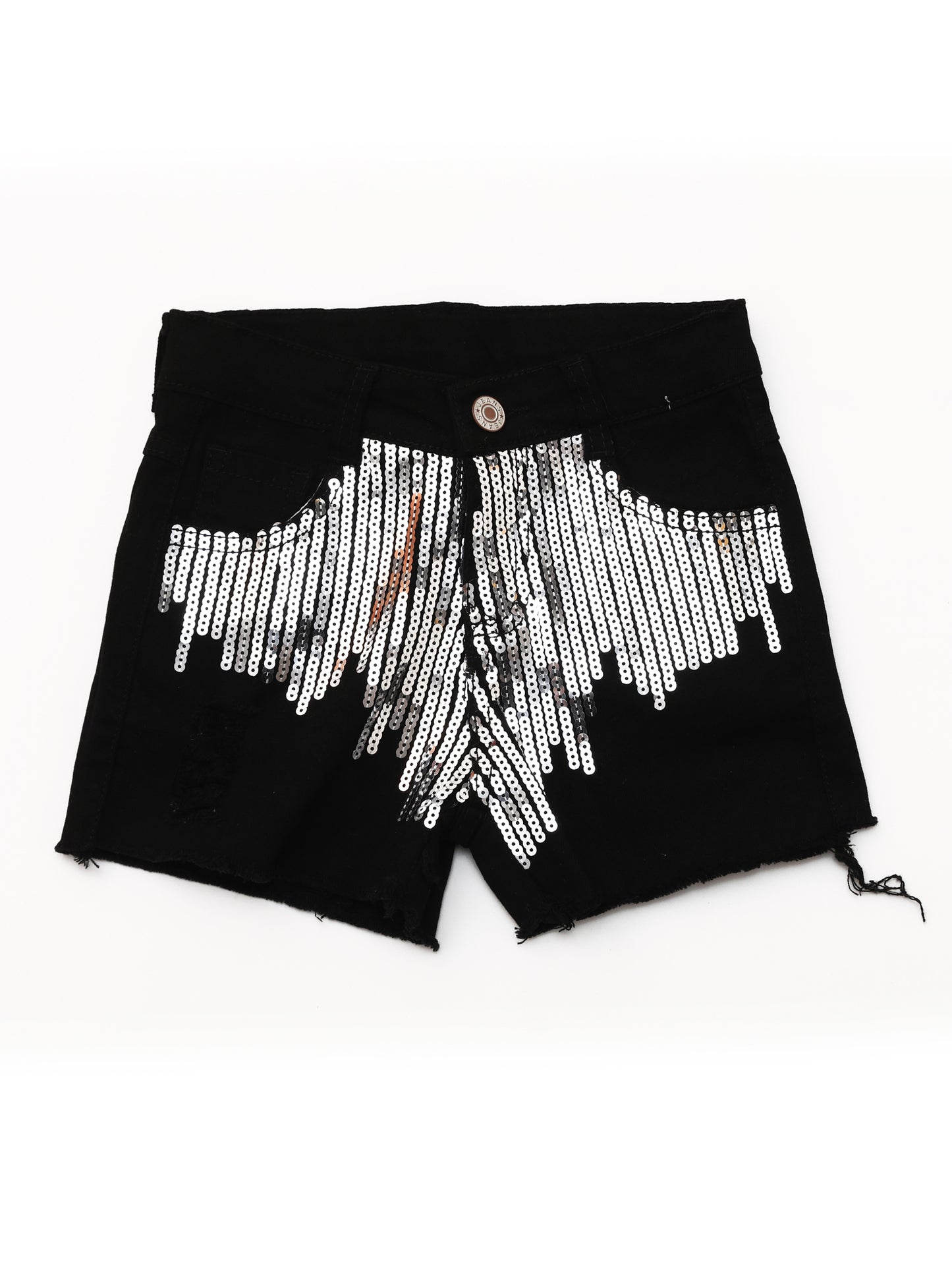 Kids Black Denim Shorts With Sequin