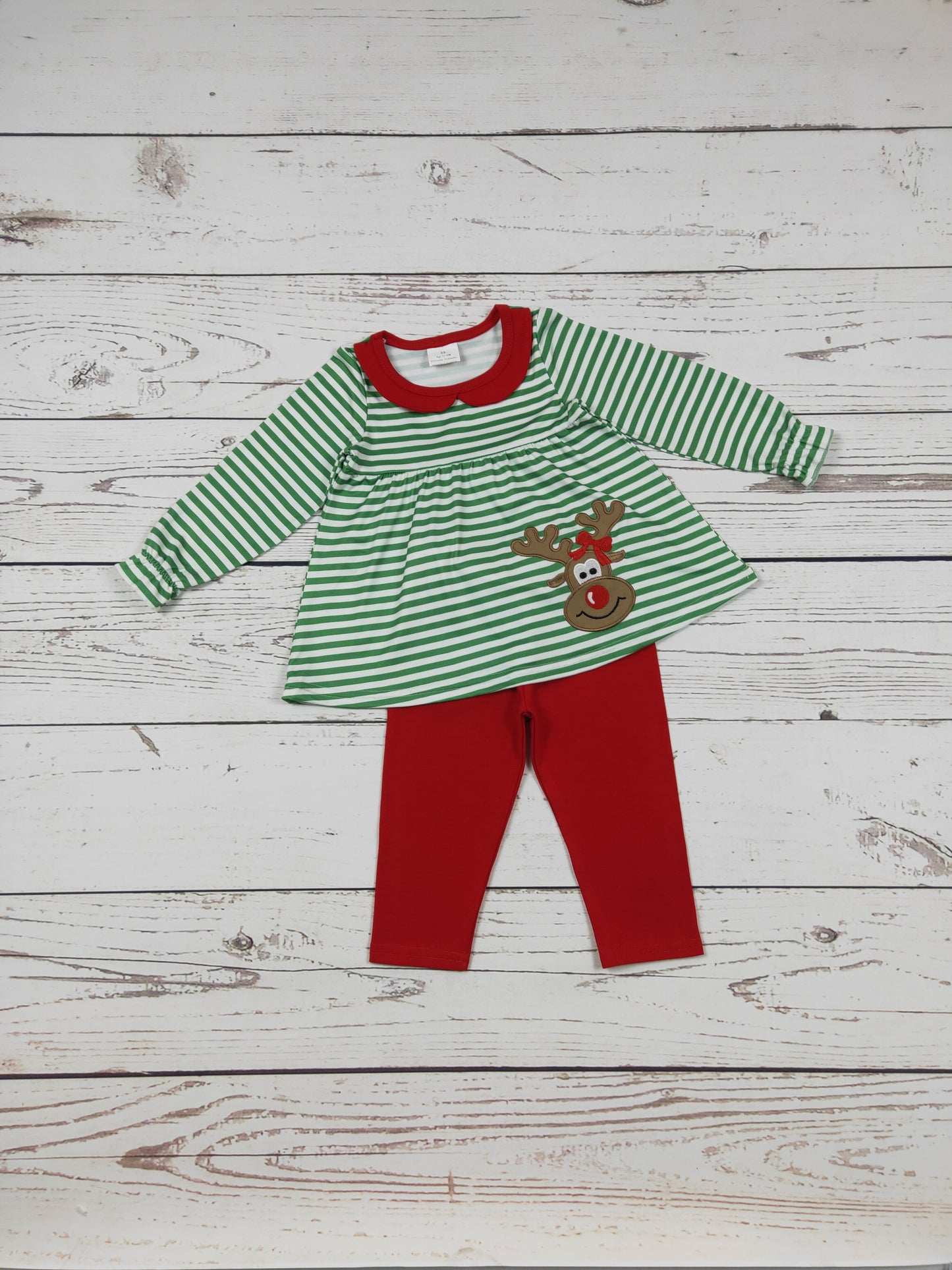 Girls Deer Embroidery Christmas Top Leggings Set