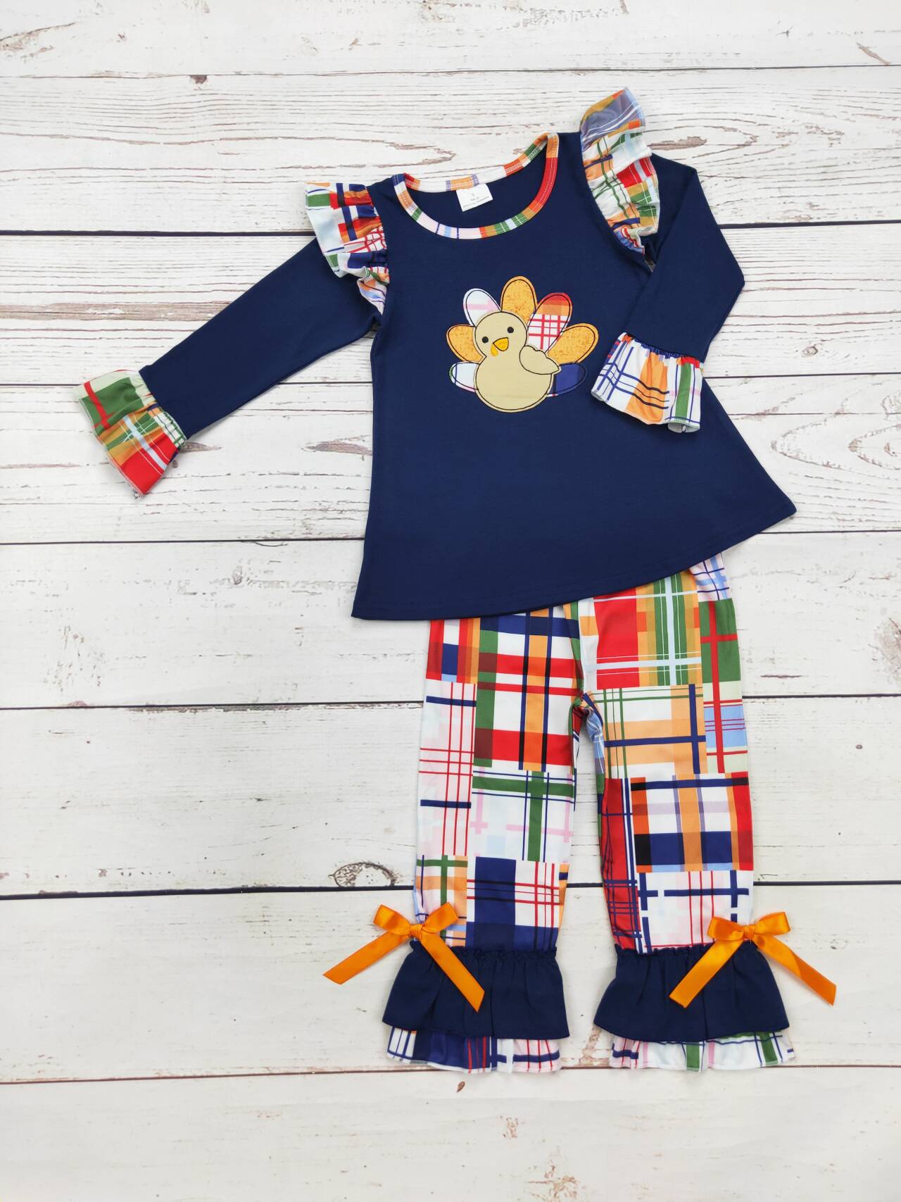 Girls Turkey Appliqué Checkered Pants Set