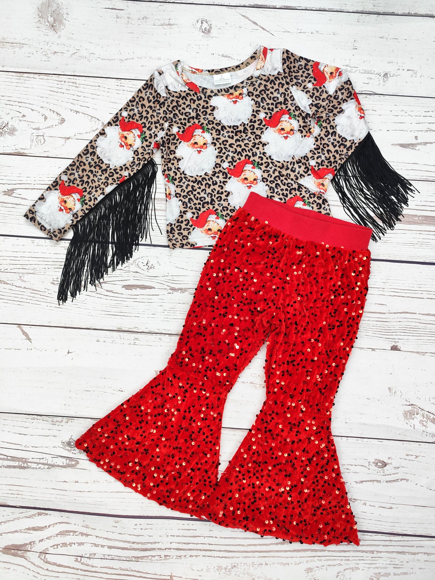 Girls Cheetah Fringe Christmas Sequin Pants Set