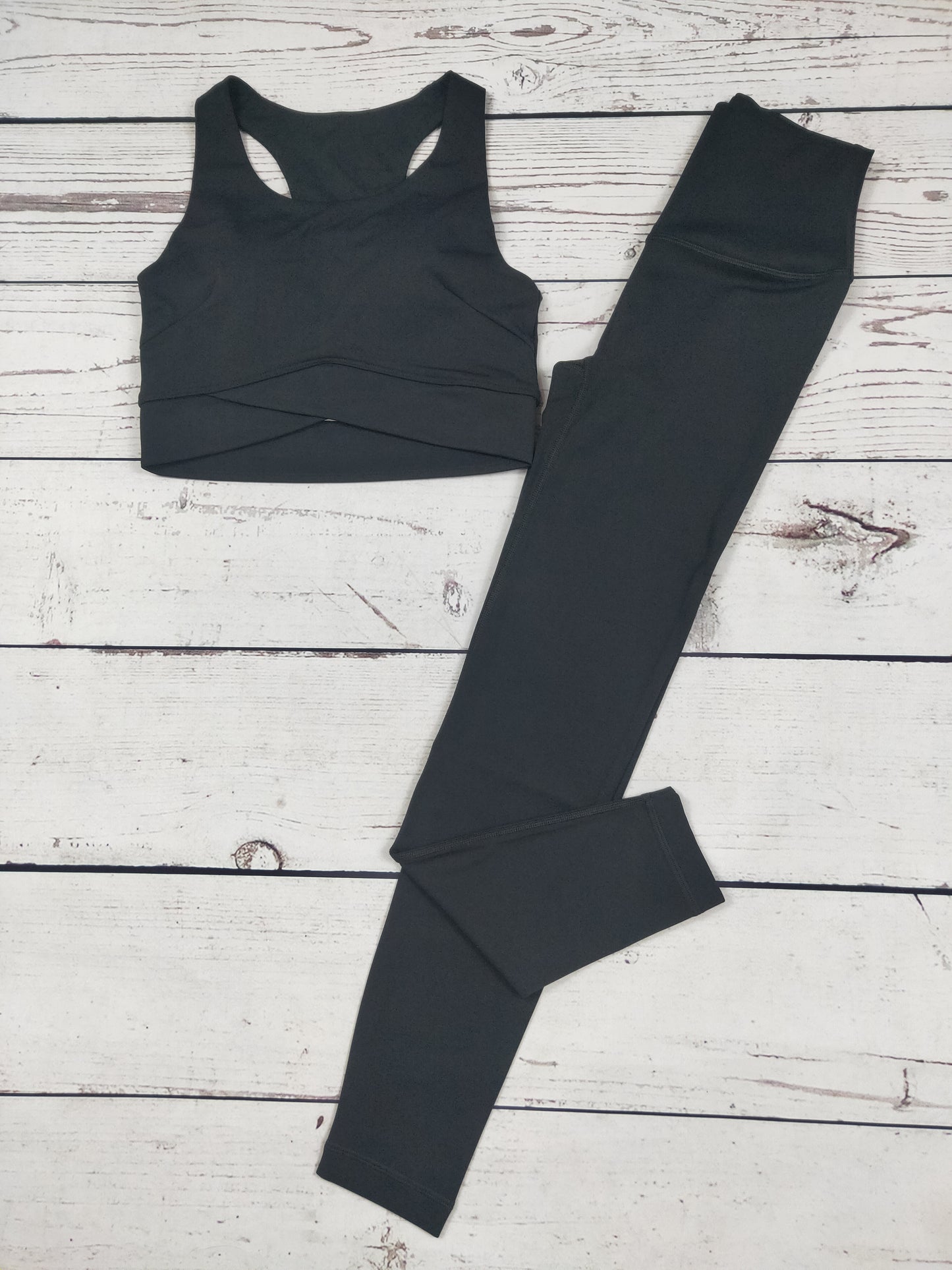 Women Black Crop Top Leggings 2 Pieces Activewear