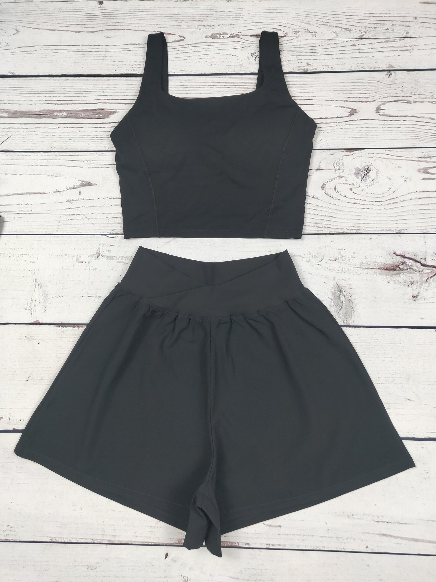 Women Black Crop Top Shorts 2 Pieces Activewear