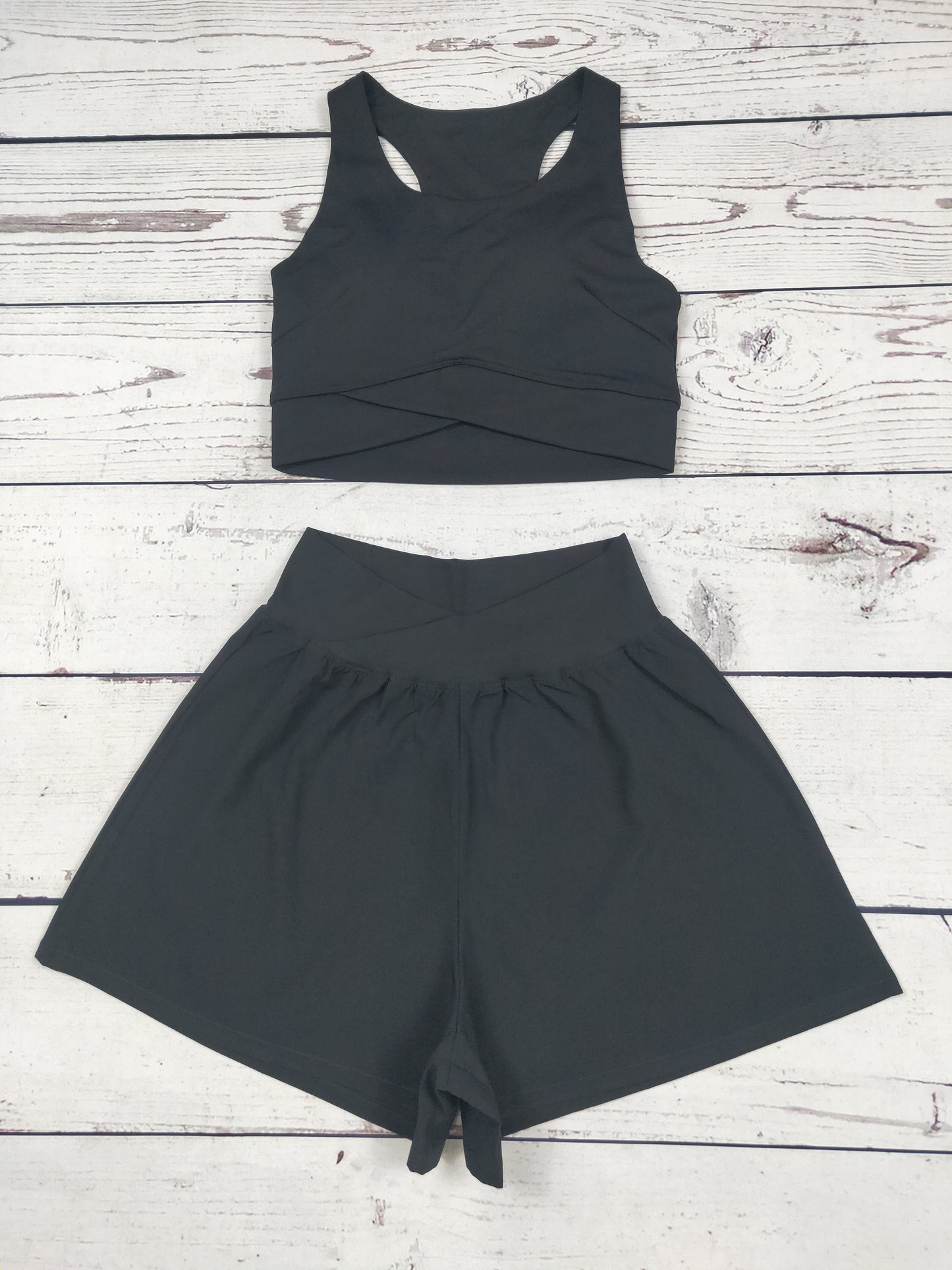Women Black Yoga Top Shorts 2 Pieces Set