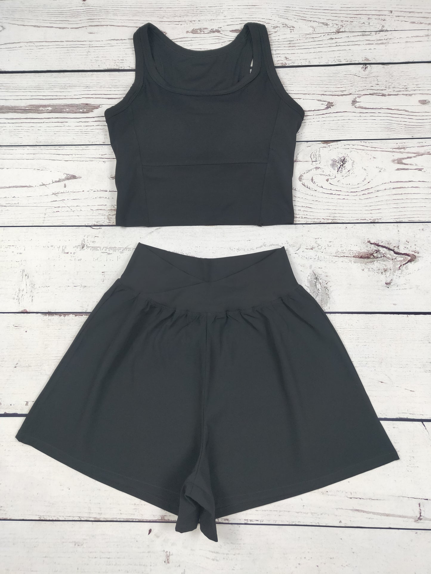 Women Black Cropped Tank Shorts Sports Set