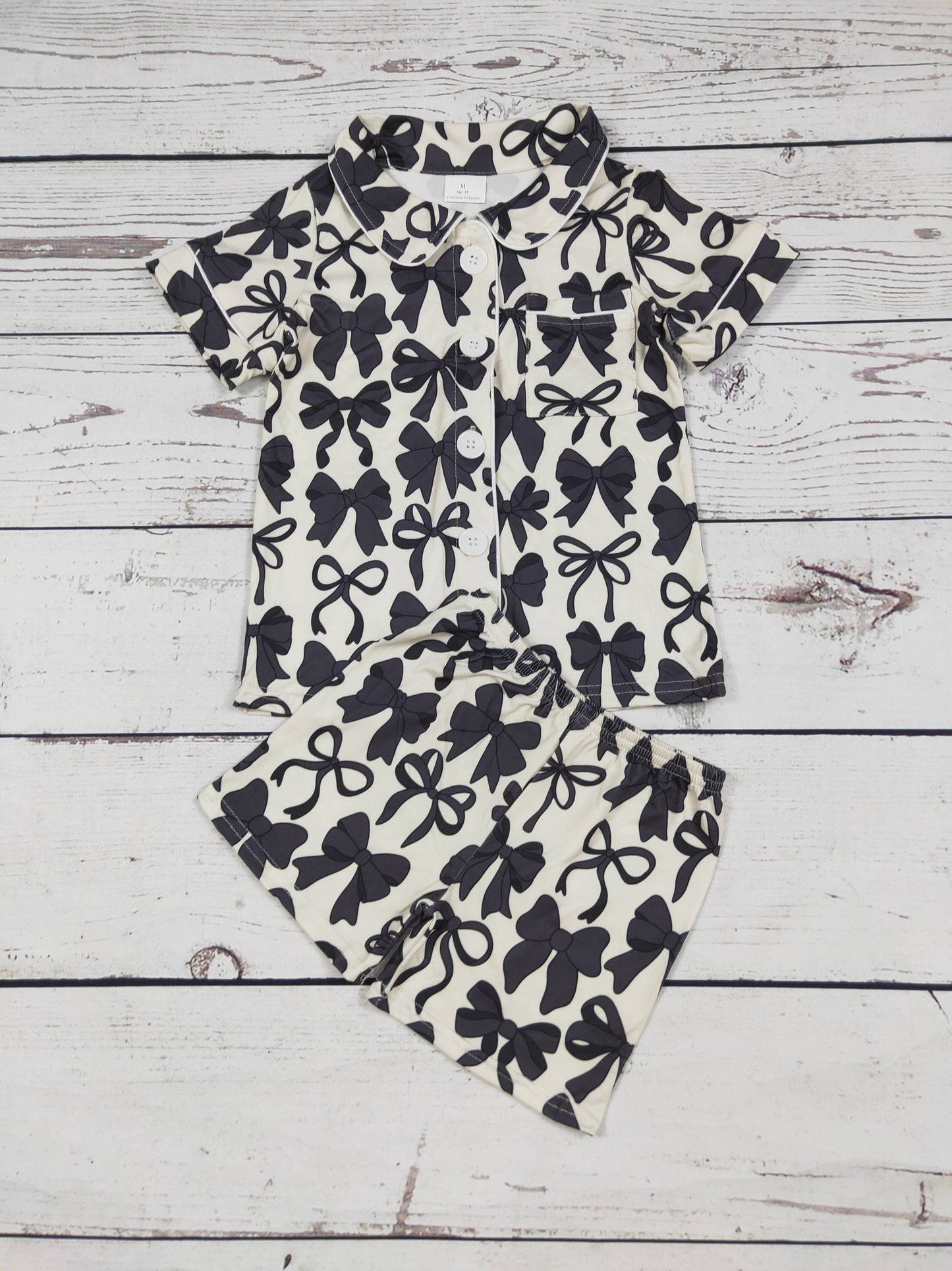 Black Bow Printed Girls Pajamas Set