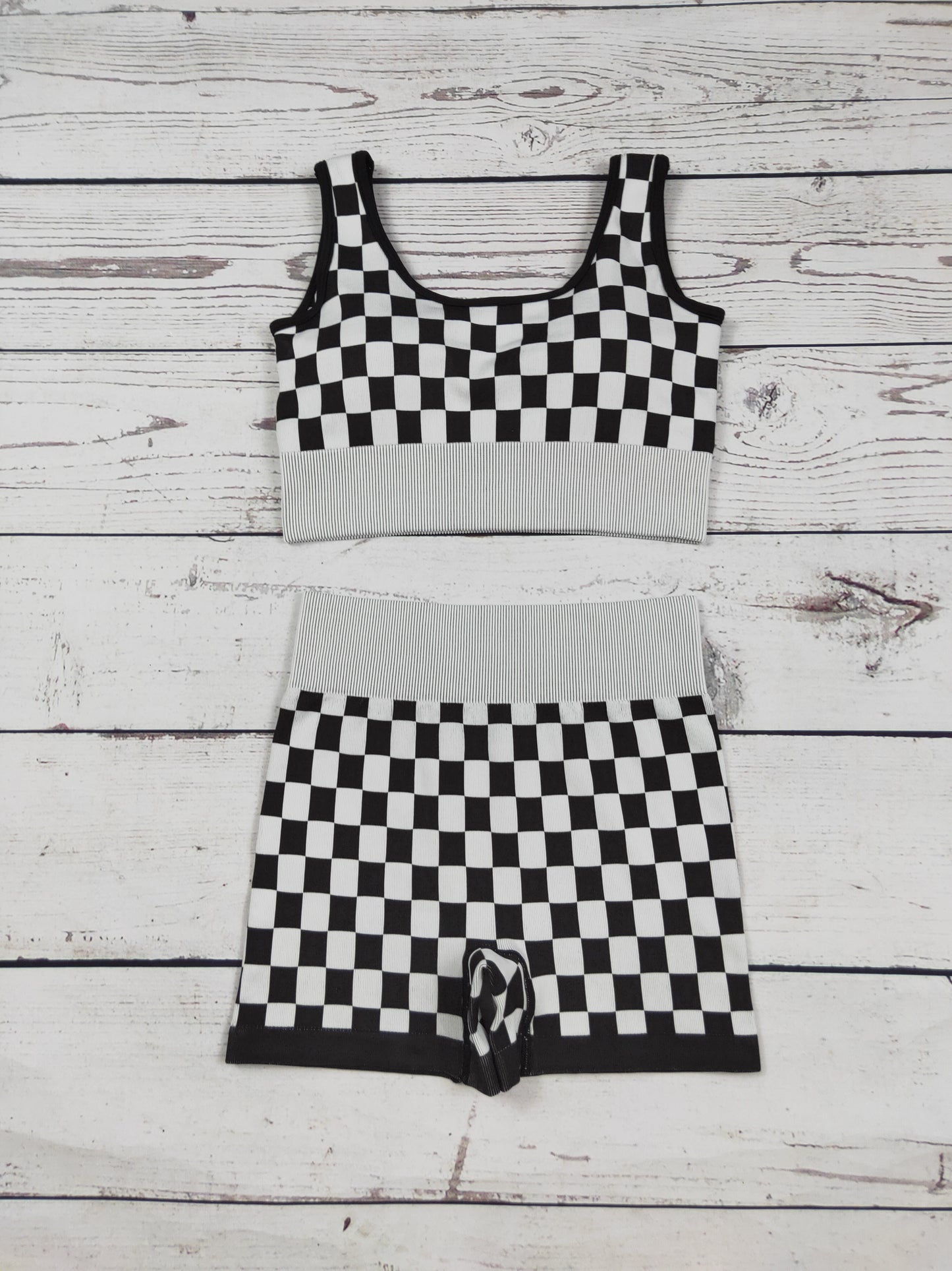 Black Gingham Women Seamless Bra Shorts Active Set