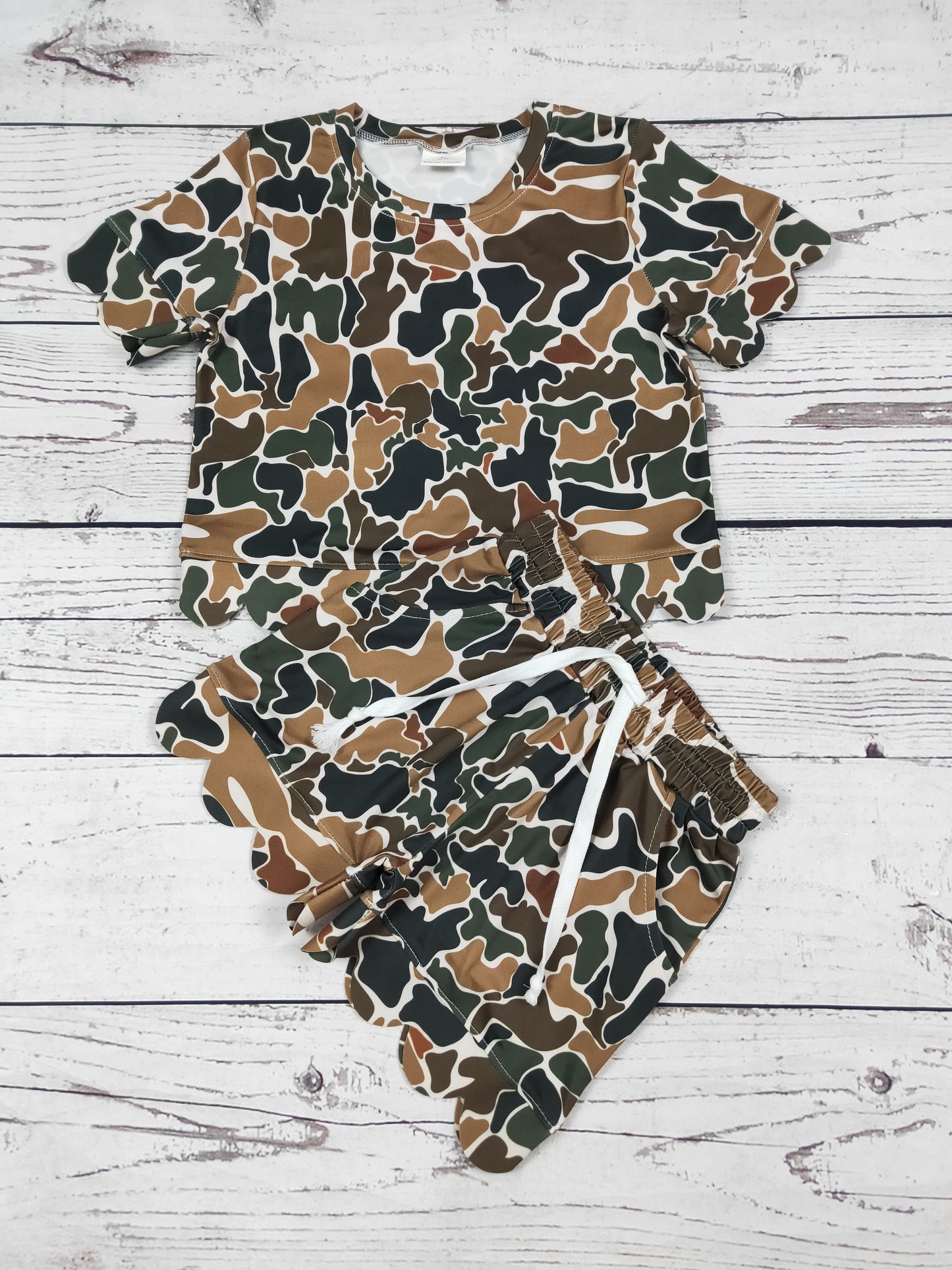 Dark Camo Printed Girls Scallop Shorts Set