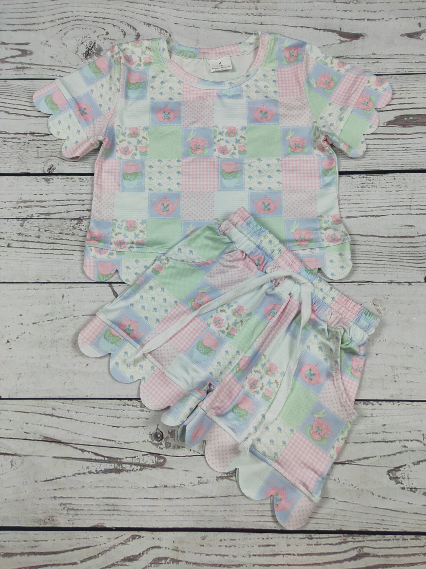 Kids Girls Flower Printed Scallop Shorts Set