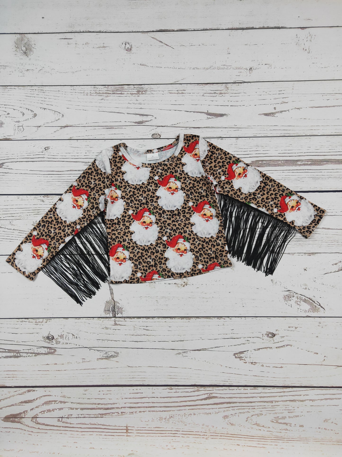 Girls Cheetah Santa Fringe Christmas Top