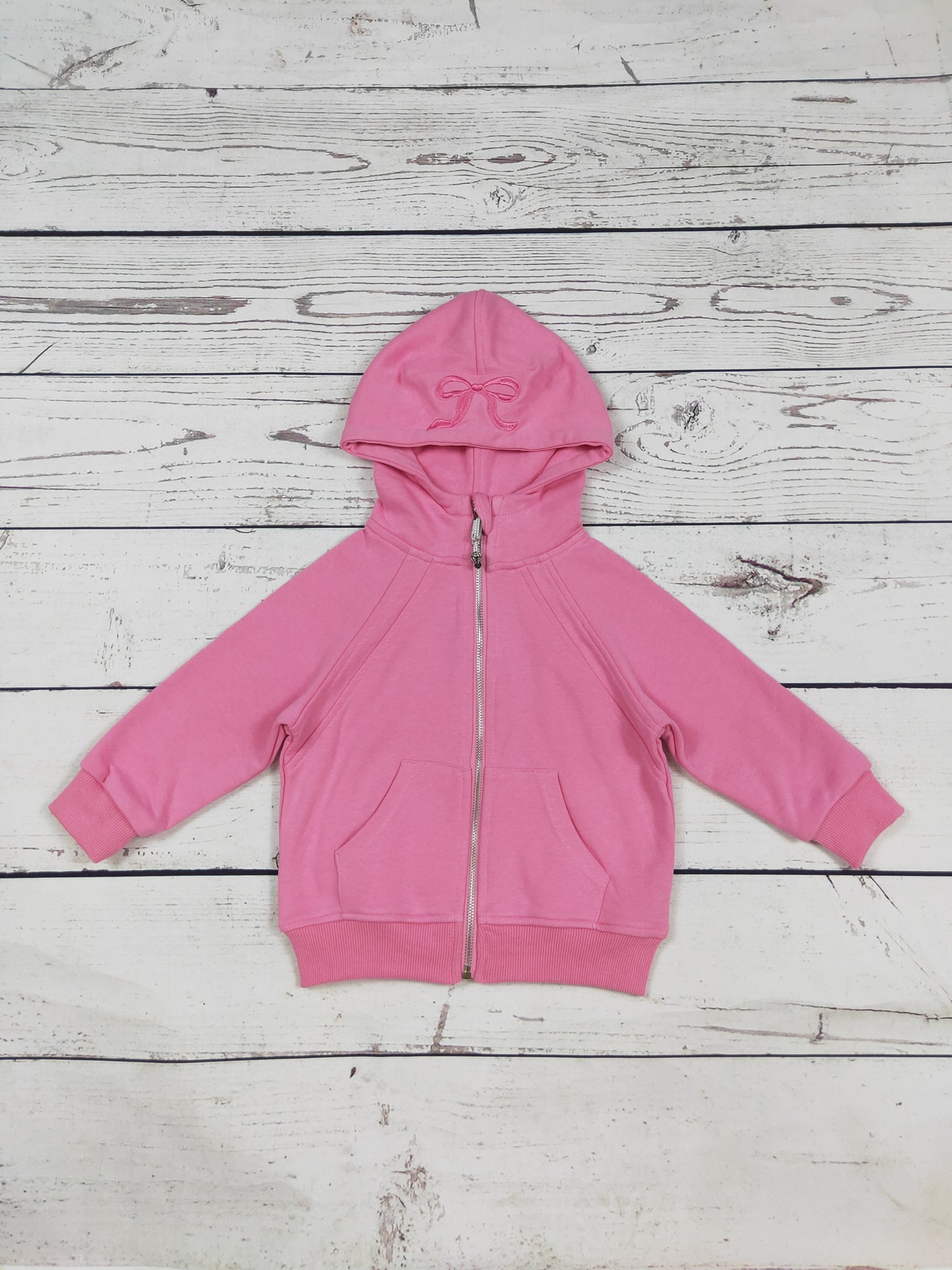 Pink Bow Appliqué Cotton Kids Girls Full-Zip Hoodie