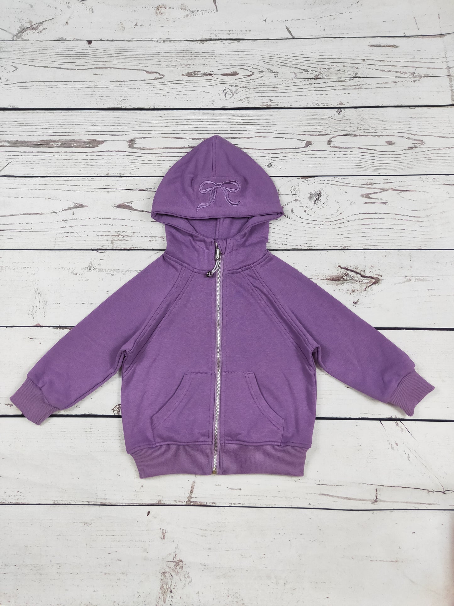 Purple Bow Appliqué Cotton Kids Girls Full-Zip Hoodie