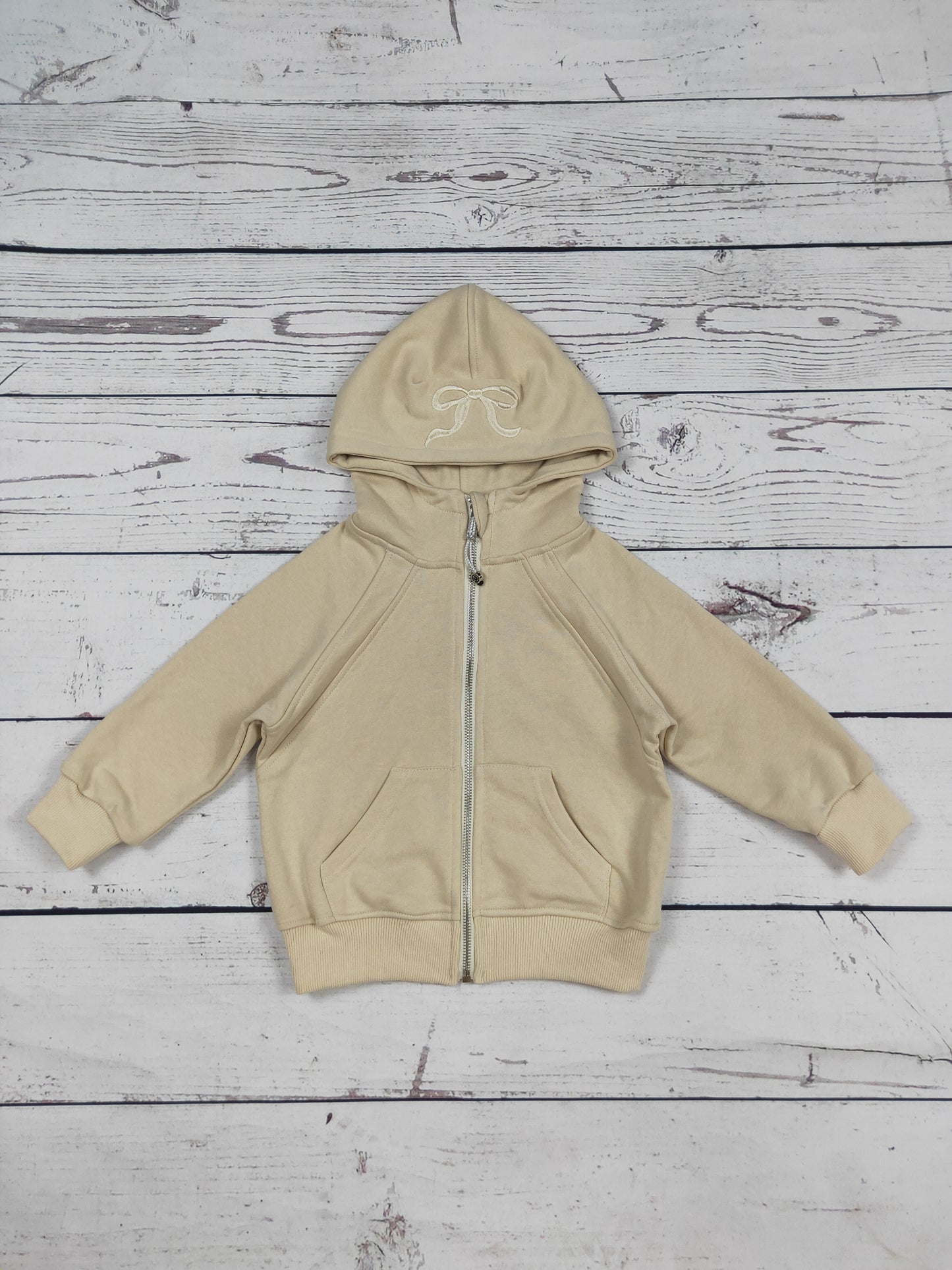 Beige Bow Appliqué Cotton Kids Girls Full-Zip Hoodie