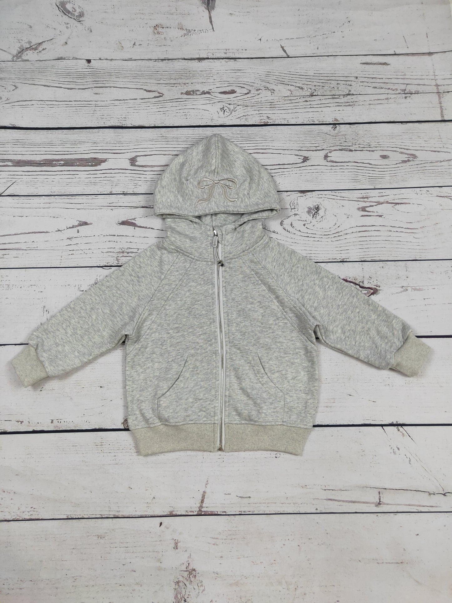 Grey Bow Appliqué Cotton Kids Girls Full-Zip Hoodie