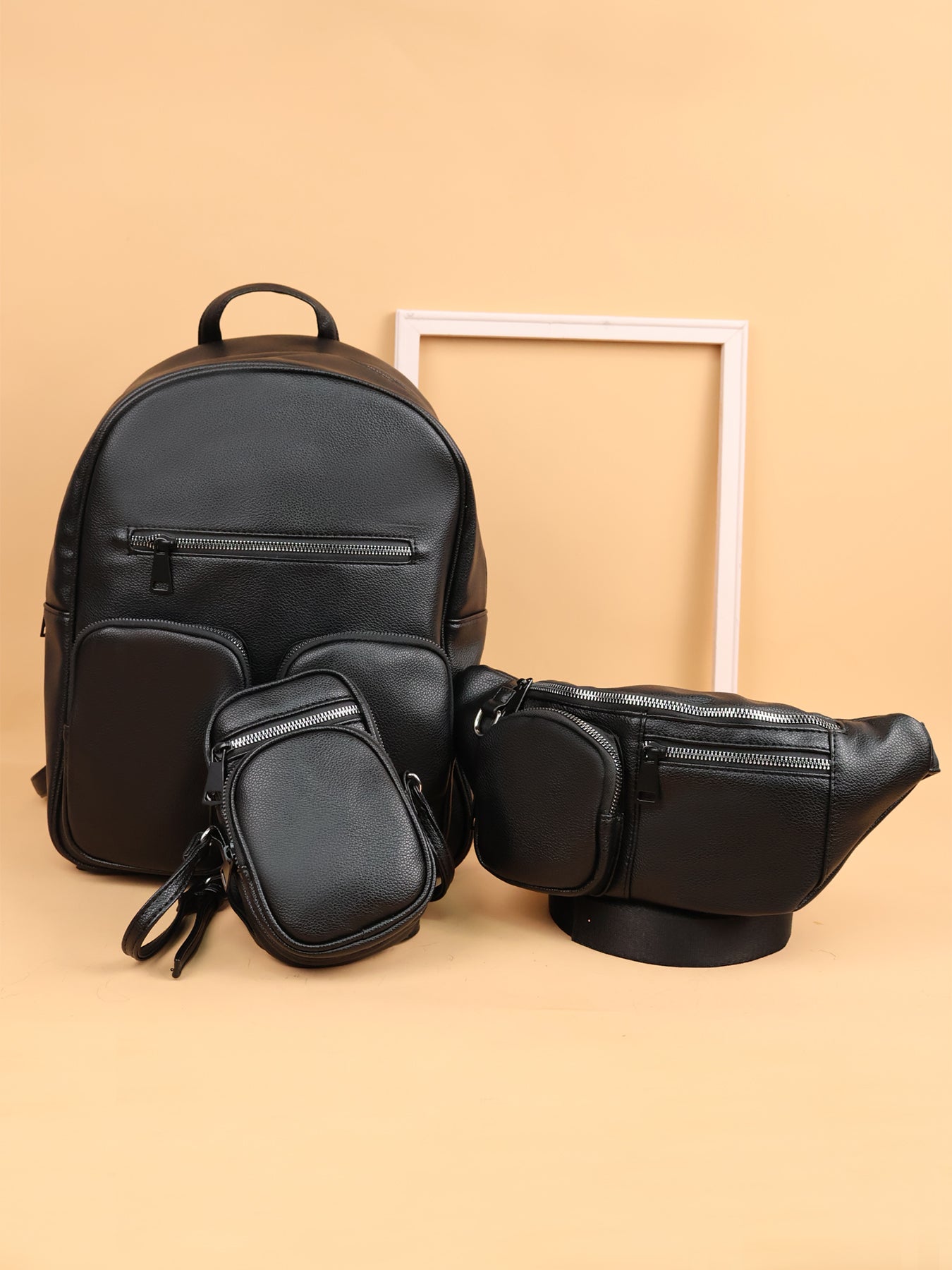 3 Pieces PU Leather Black Bags