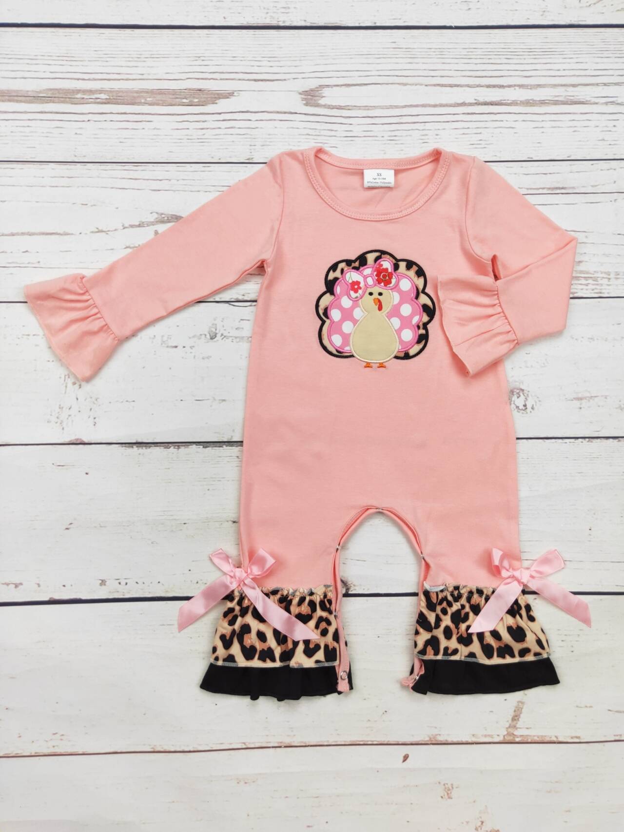 Baby Pink Turkey Appliqué Thanksgiving Romper