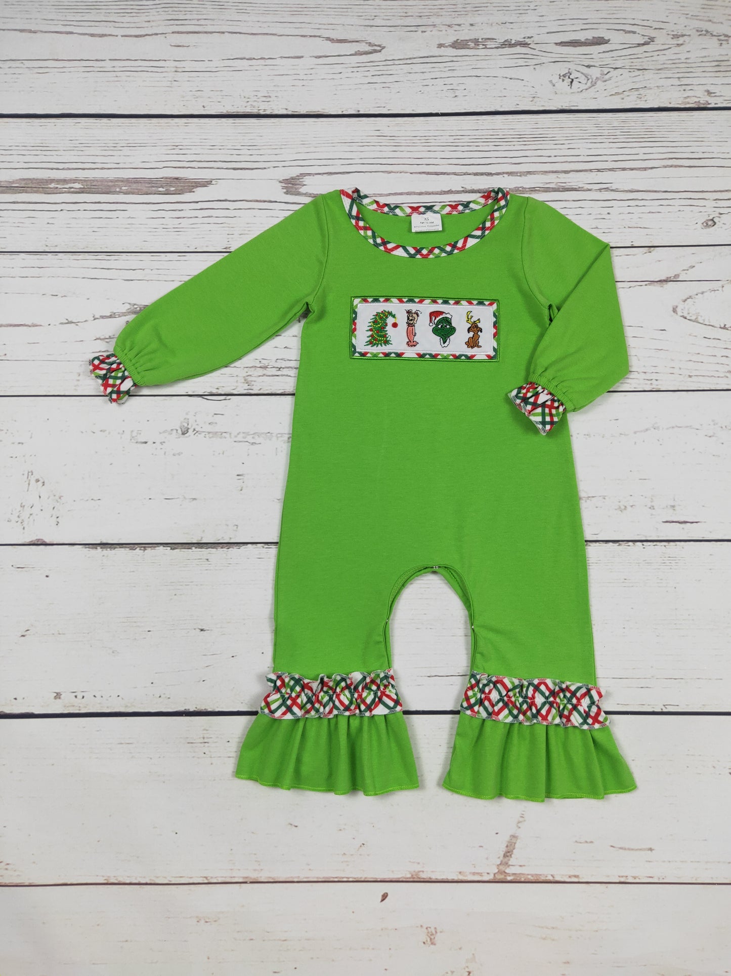 Baby Character Appliqué Green Christmas Romper