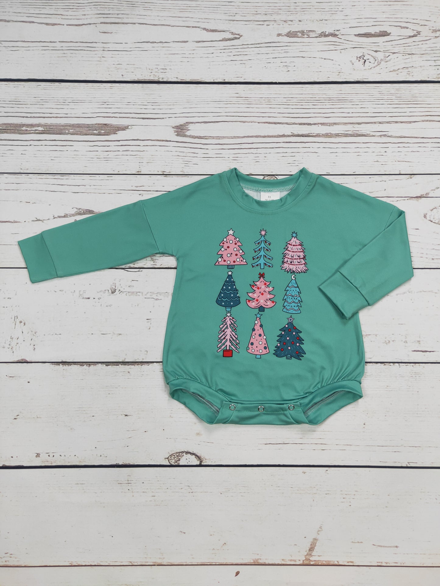 Green Baby Romper With Christmas Tree Print