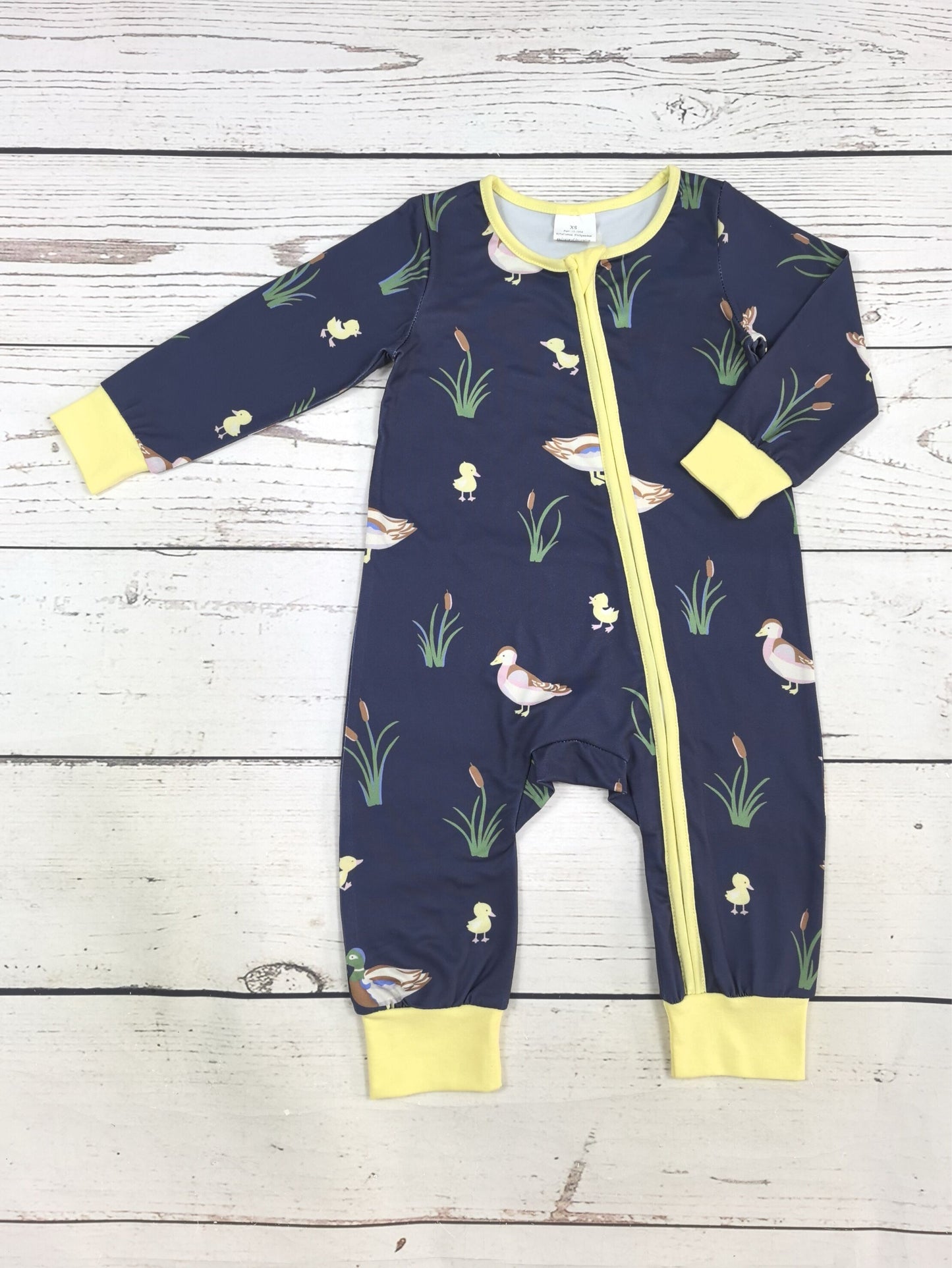 Yellow Baby Duck Pattern Zip Romper