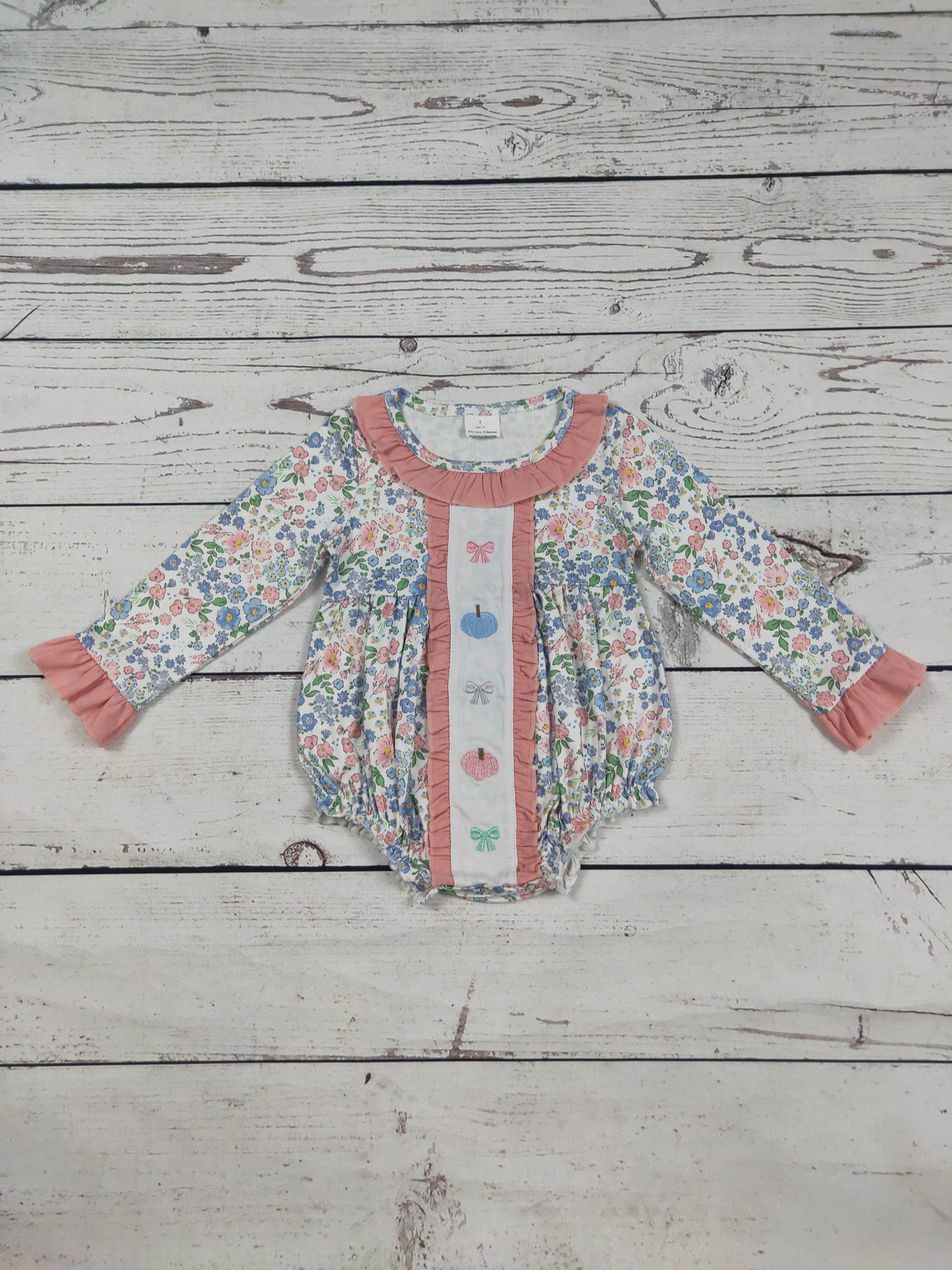 Baby Girl Pumpkin Bow Appliqué Floral Printed Bubble