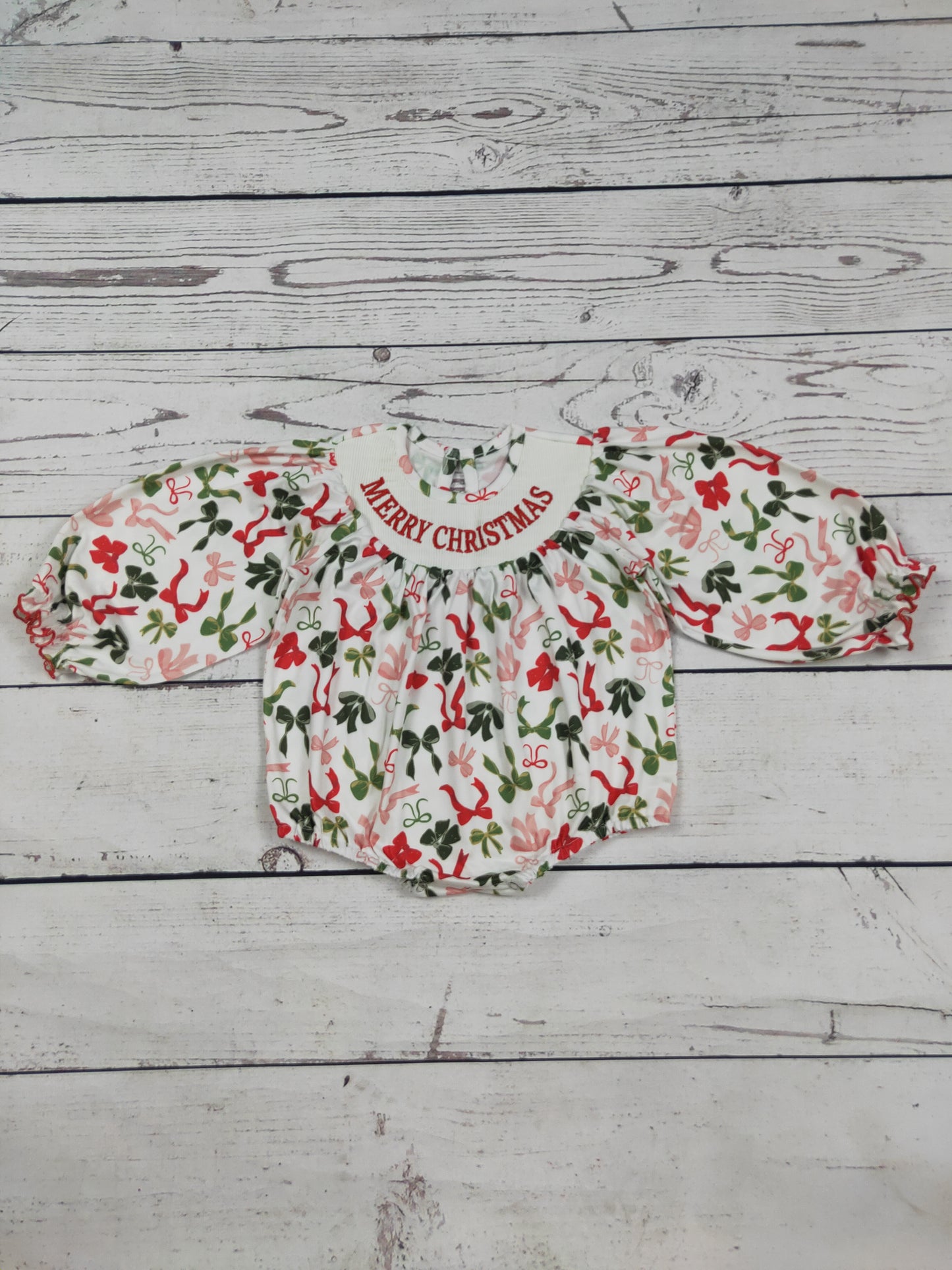 Merry Christmas Smocked Bow Printed Baby Bubble