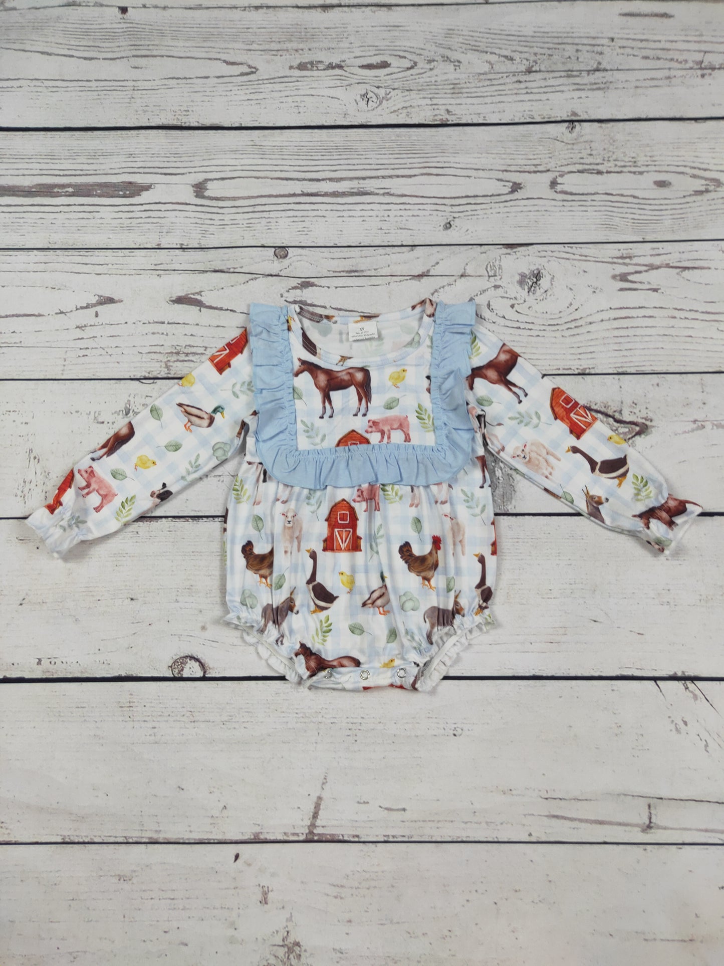 Gingham Printed Farm Baby Girls Bubble