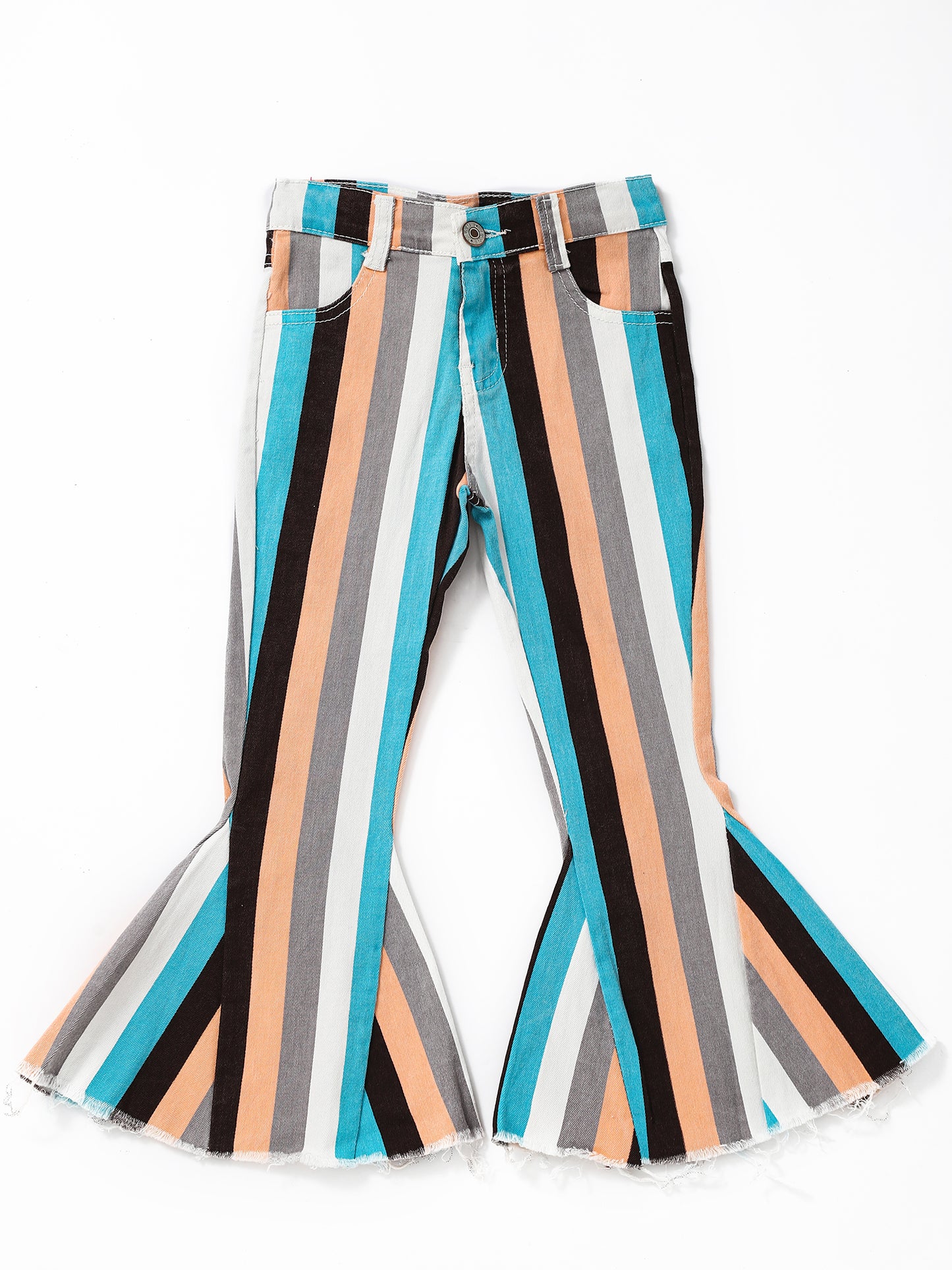 Blue Grey Stripe Girls Flare Jeans