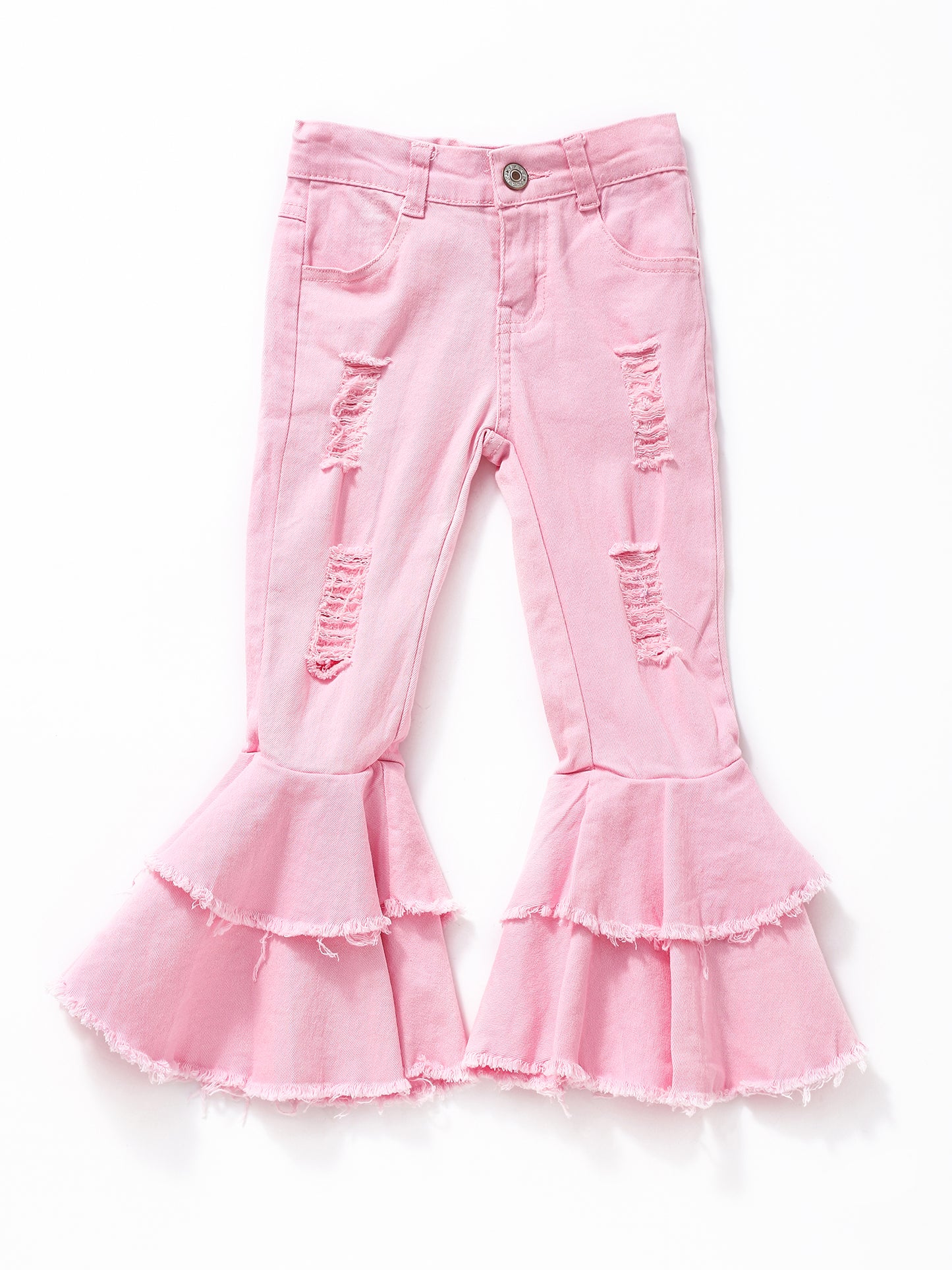 Pink Distressed Double Layer Girls Jeans