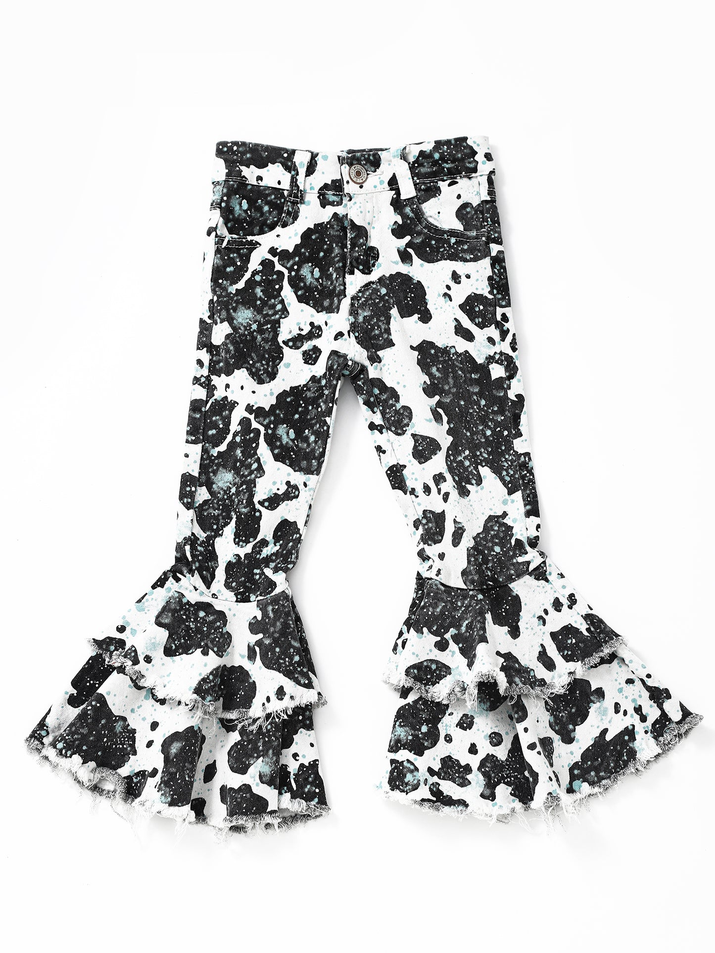 Turquoise Cow Print Girls Double Layer Jeans