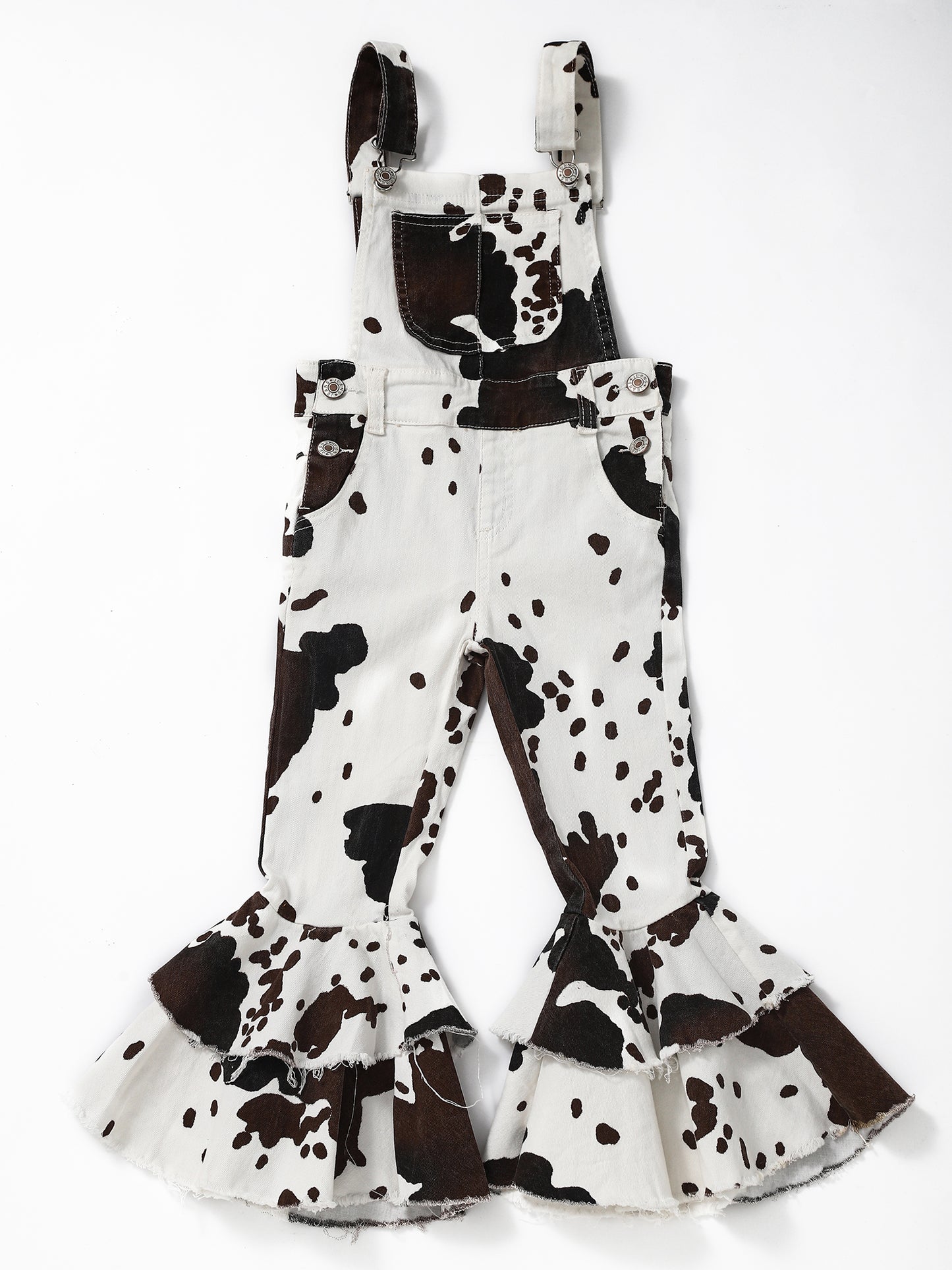 Girls Cow Print Denim Double Layer Overalls