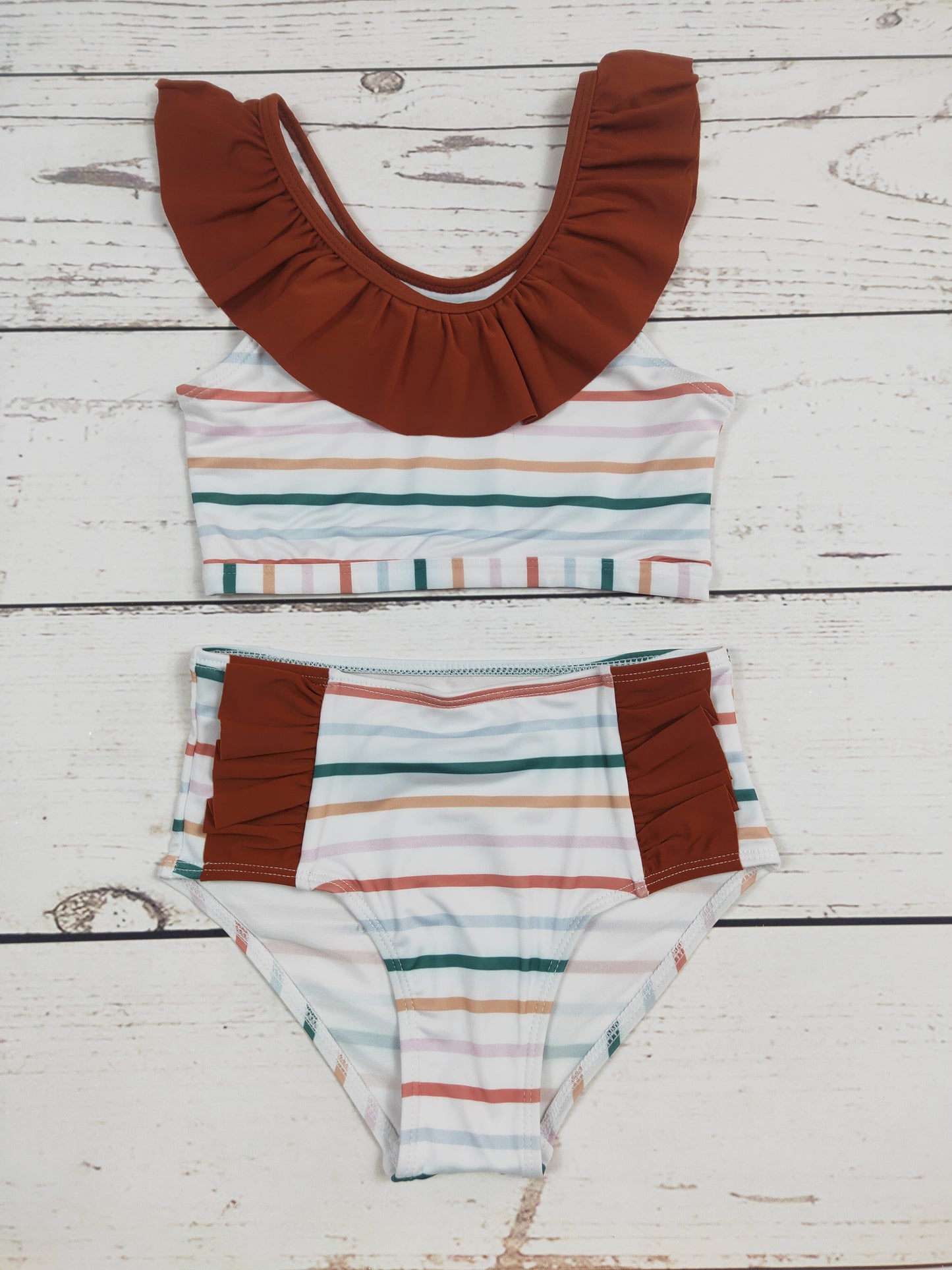 Brown Stripe Two Piece Girls Summer Swimsuit