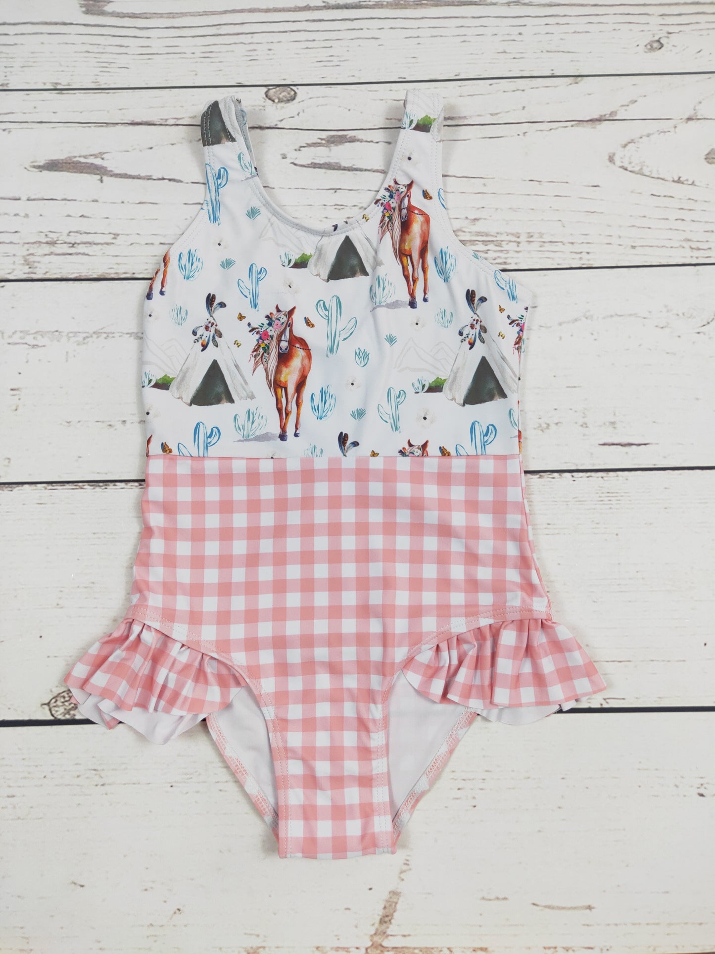 Horse Cactus Printed One Piece Girls Summer Swimwear