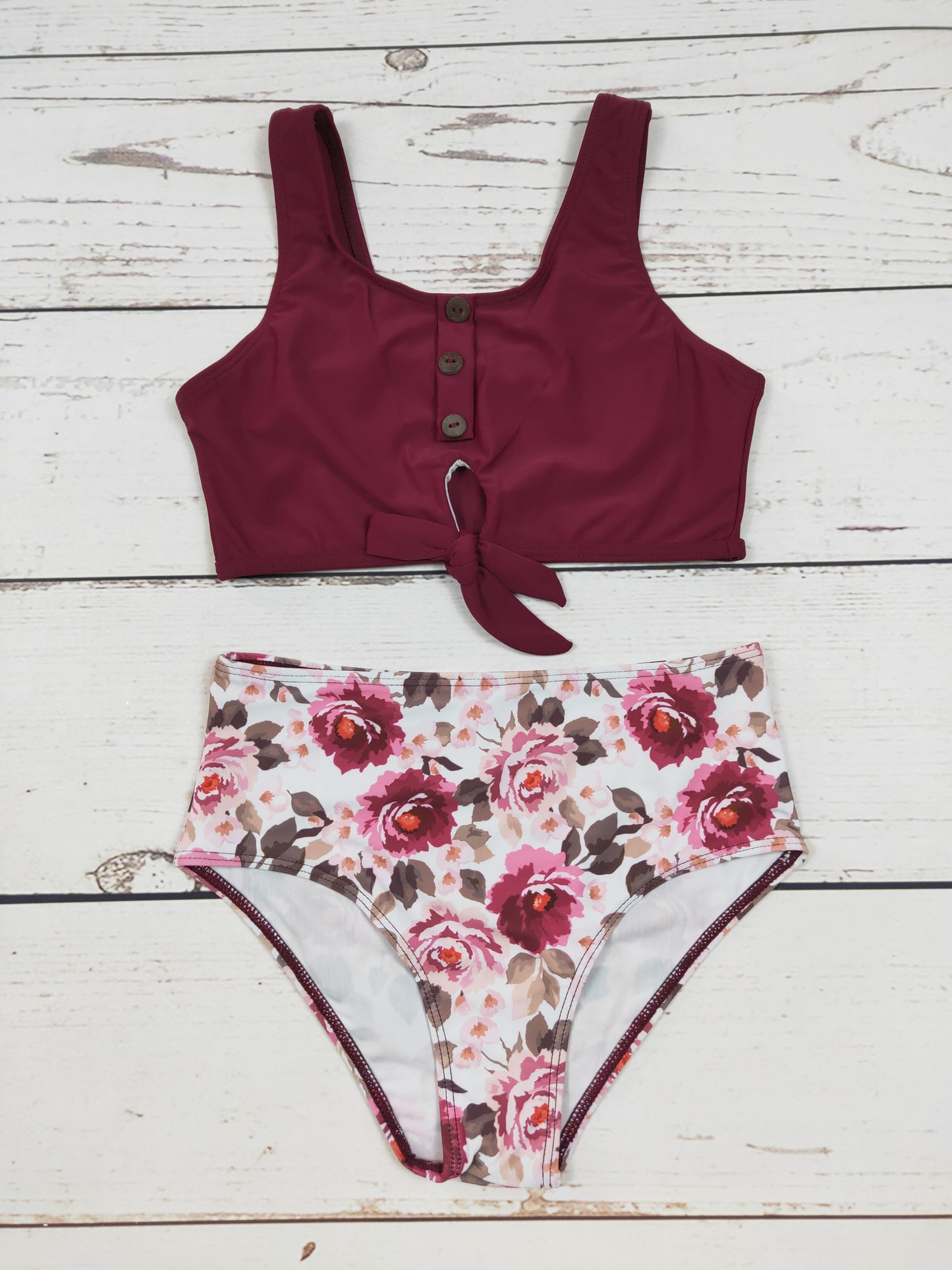 Wine Flower Printed Two Piece Girls Summer Swim Set