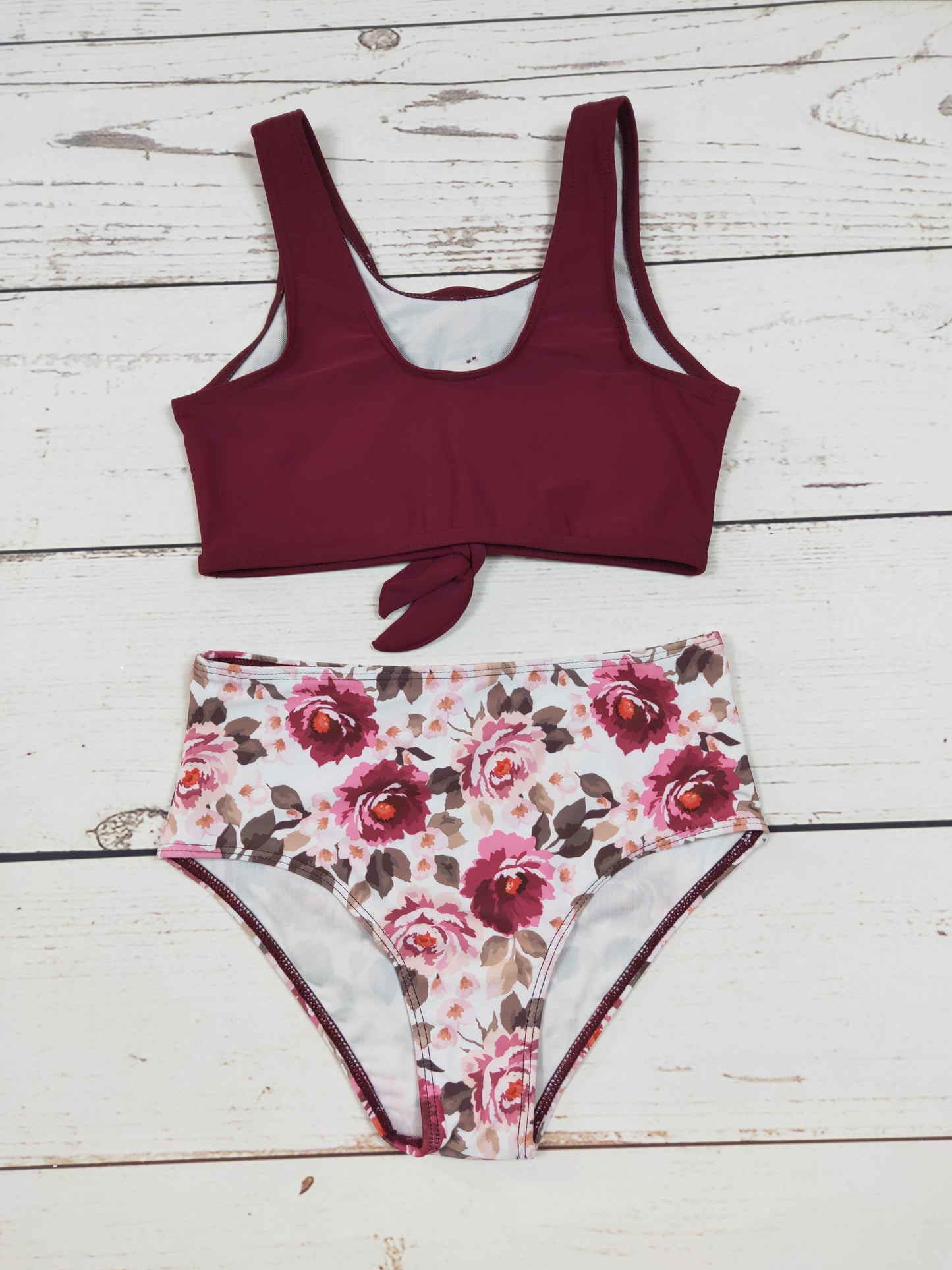 Wine Flower Printed Two Piece Girls Summer Swim Set