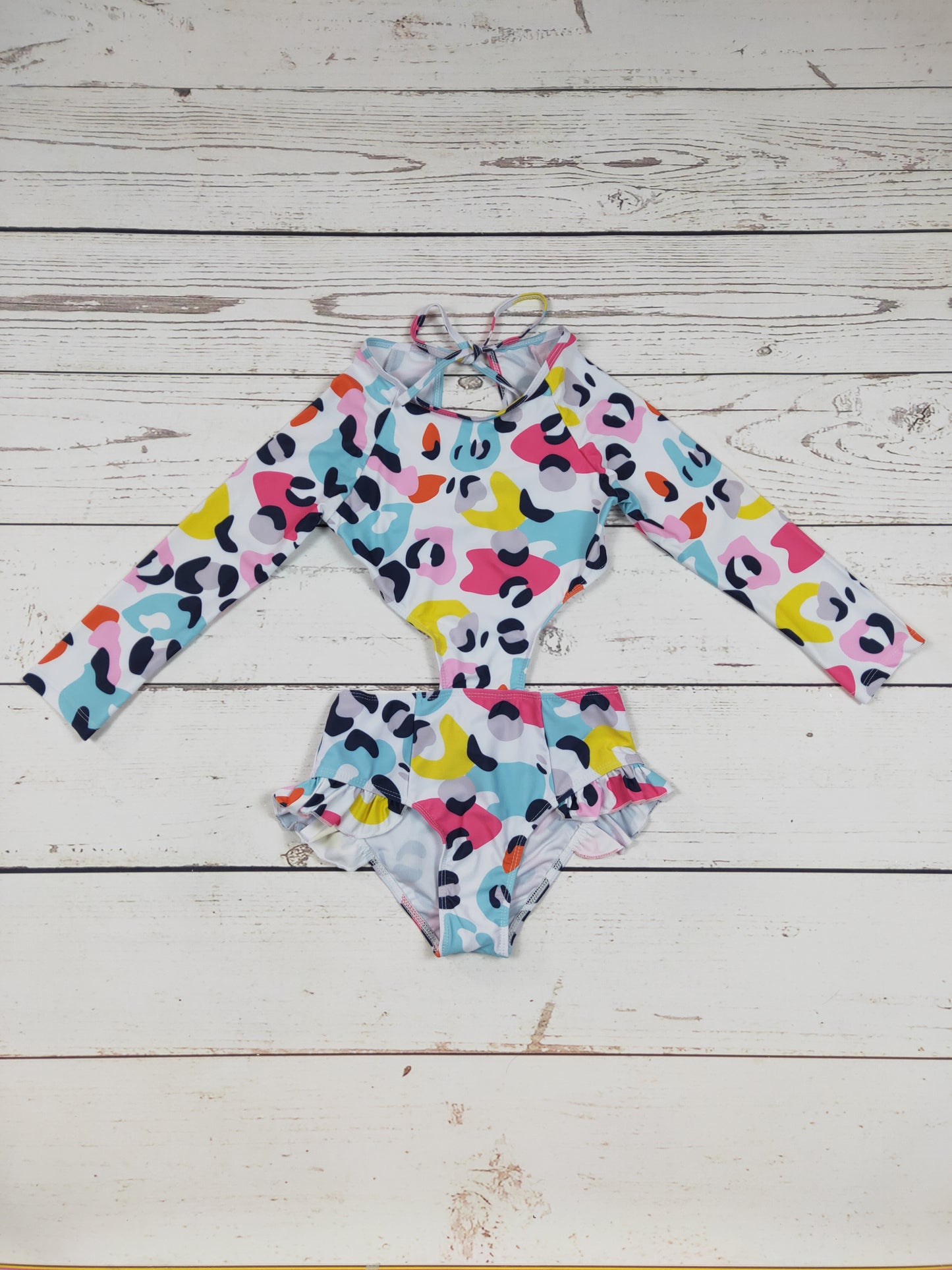 Cheetah Printed Sleeves One Piece Girls Swimwear