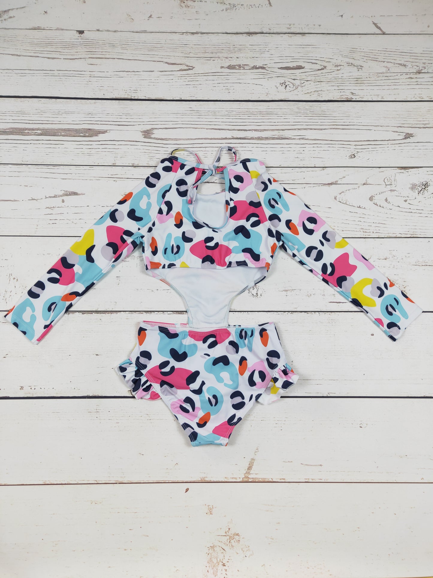 Cheetah Printed Sleeves One Piece Girls Swimwear