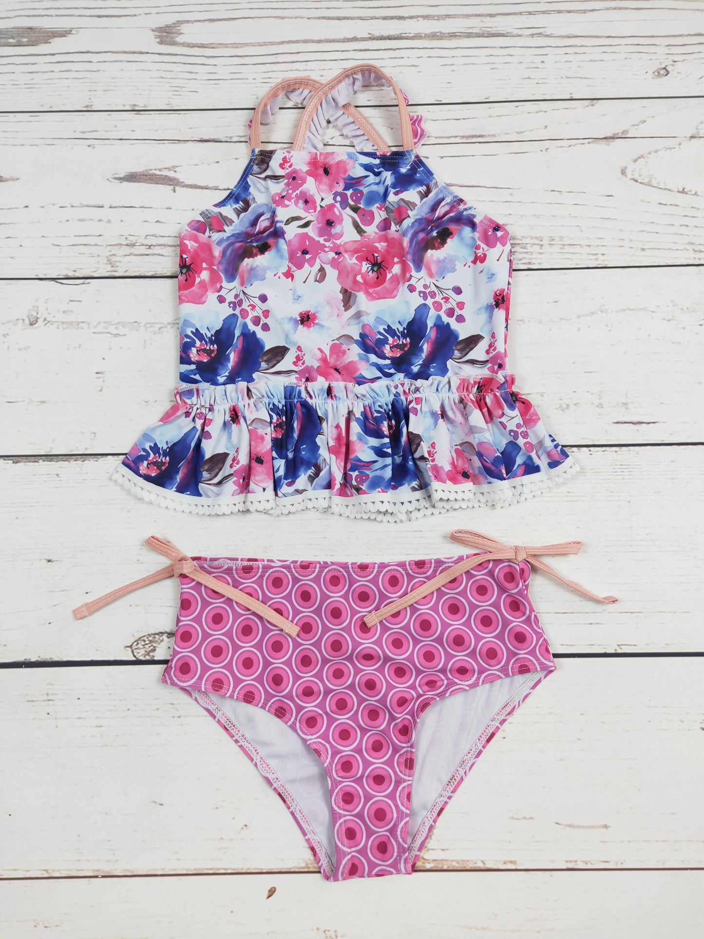 Blue Pink Flower Printed Girls Summer Swim Set