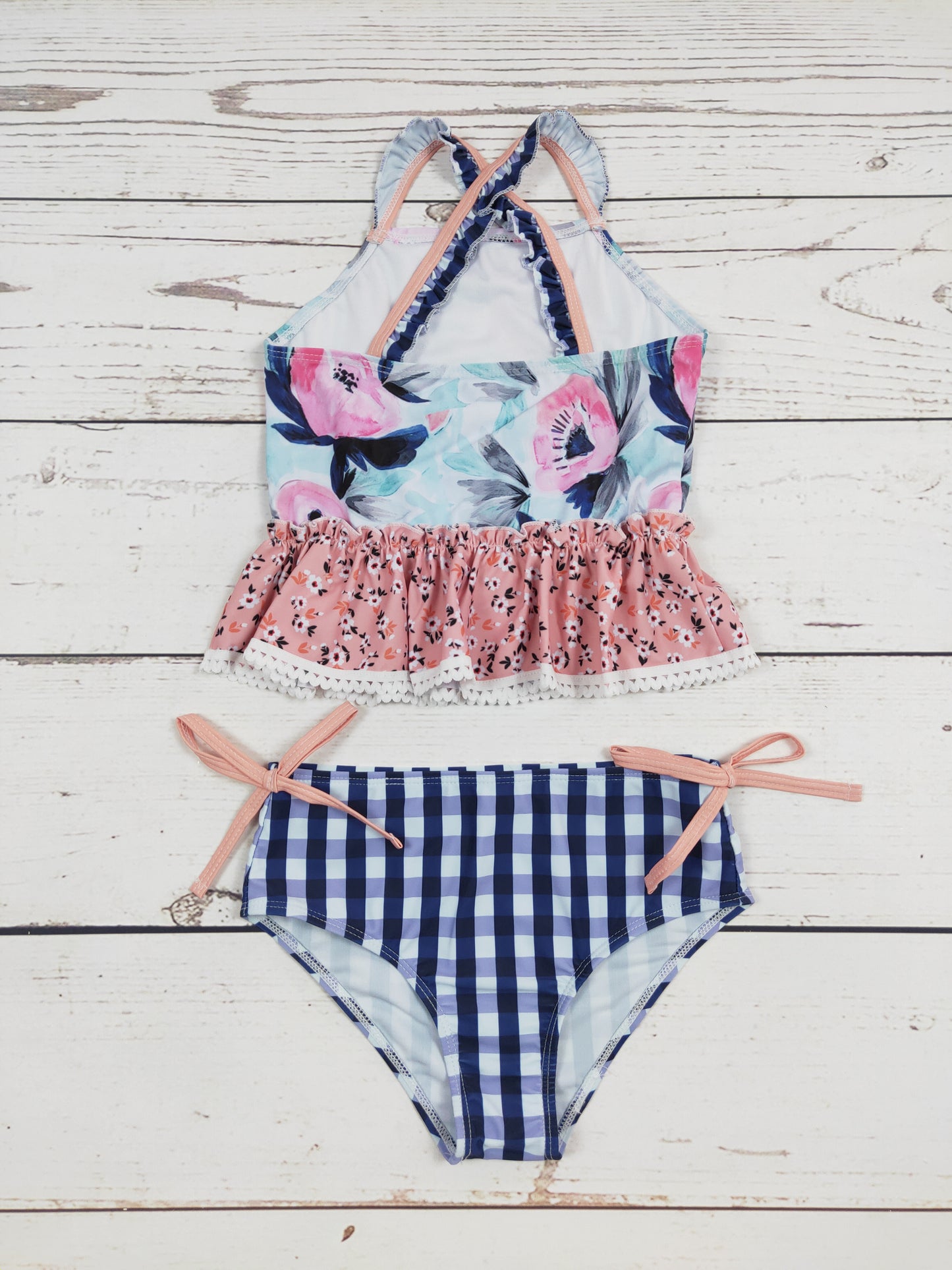 Flower Checkered Printed Two Piece Girls Swim Set