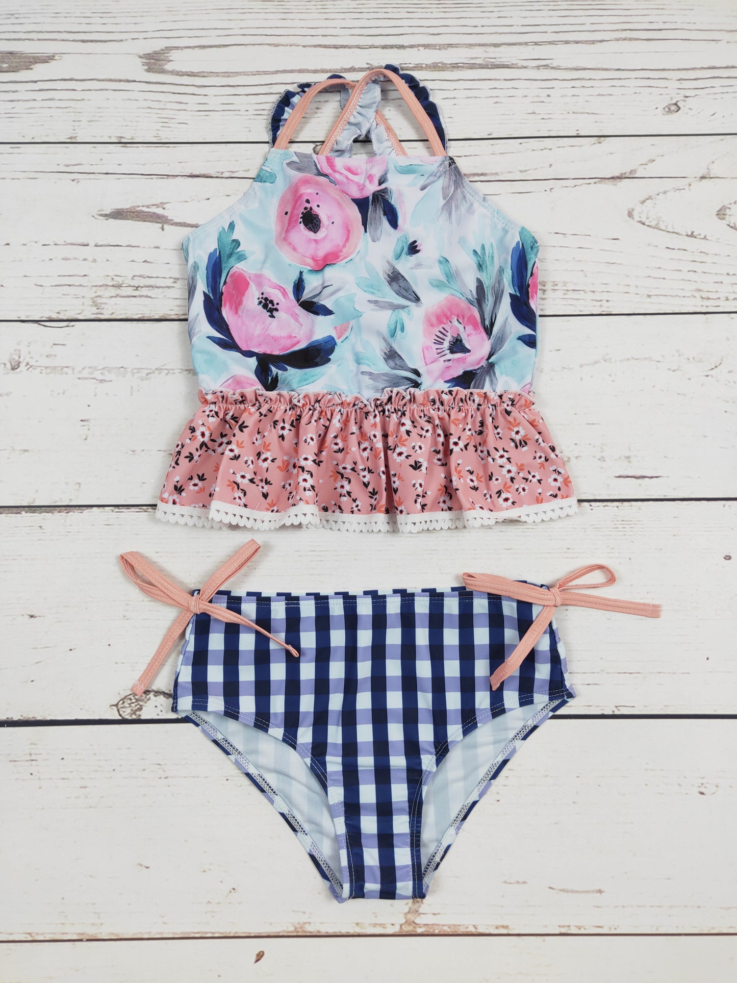 Flower Checkered Printed Two Piece Girls Swim Set