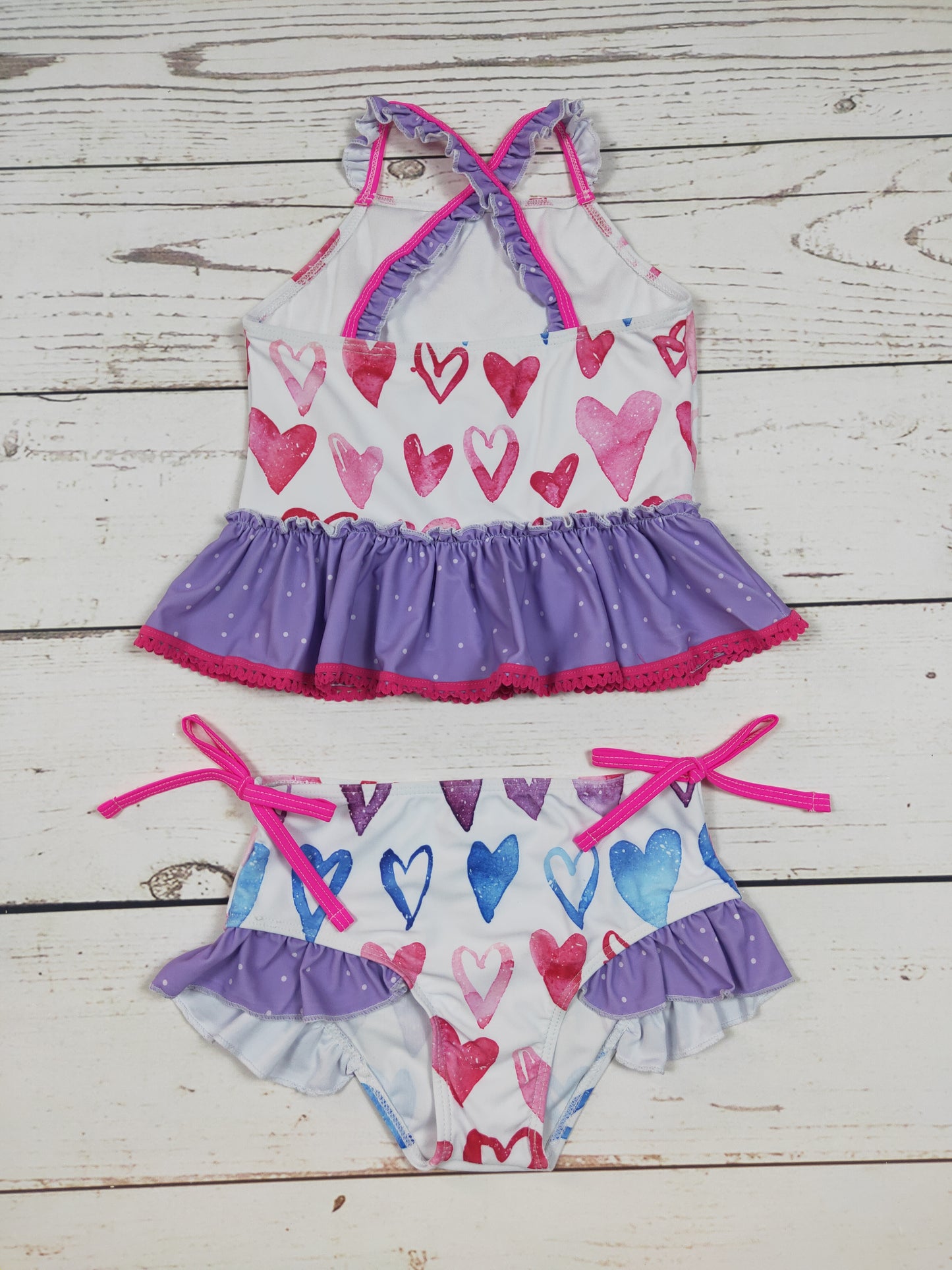 Heart Printed Two Piece Girls Summer Swimwear