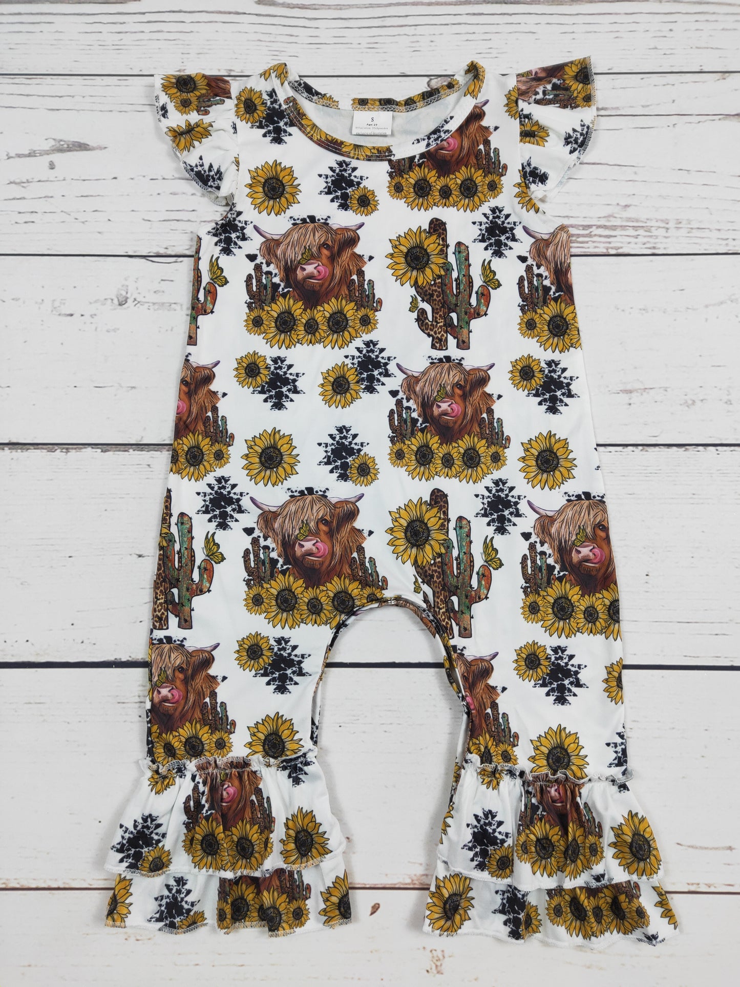 Cows Sunflower Printed Girls Ruffle Romper